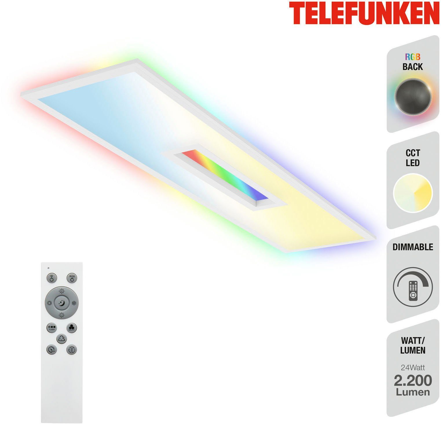 Telefunken Panel CCT LED Panel CENTERBACK, CCT - über Fernbedienung, Memoryfunktion, RGB, Timerfunktion, LED fest integriert, RGB, Backlight, CCT, inkl. Fernbedienung, dimmbar, 100x25x6,3 cm