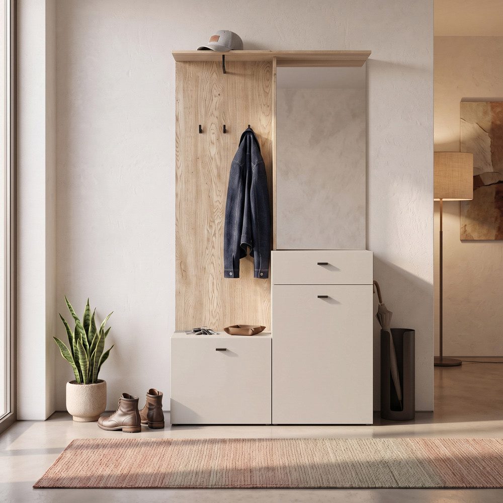 Lomadox Garderobe RUMMU-129, in Cremona Eiche/Kaschmir, 100 cm breit, Spiegel