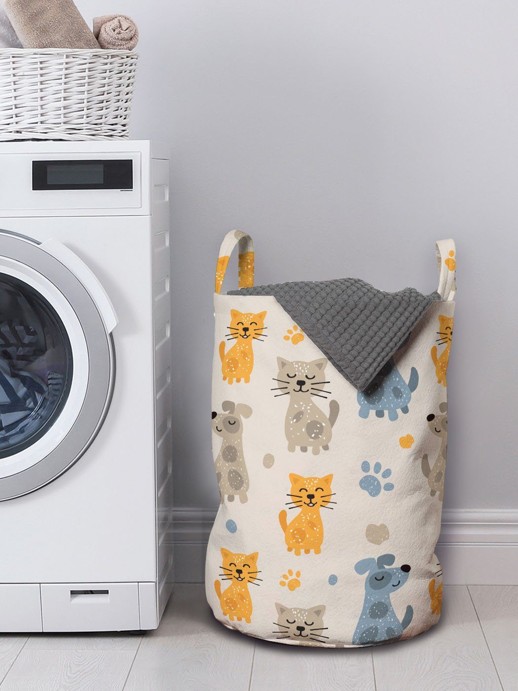 Wäschekorb Freunde Haustiere für Abakuhaus Waschsalons, Kätzchen mit Welpen Wäschesäckchen Griffen Kordelzugverschluss