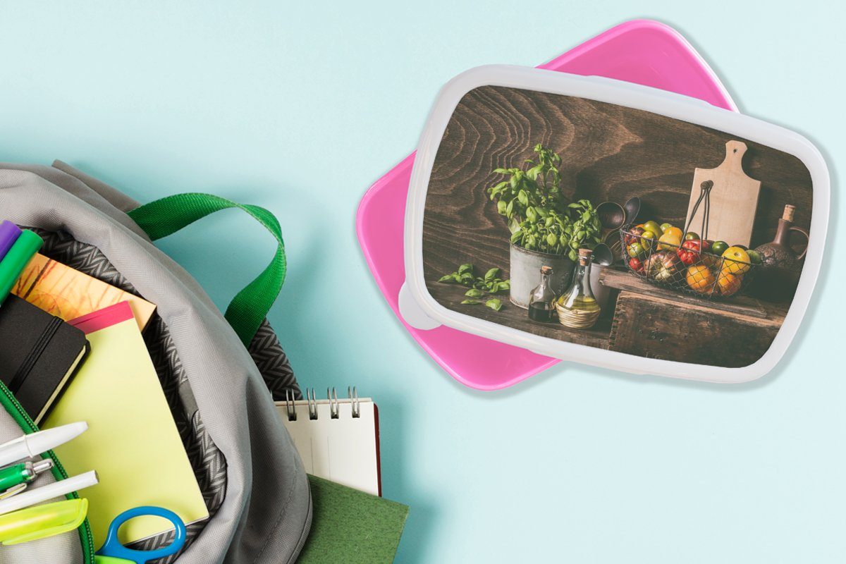 MuchoWow - - (2-tlg), Kunststoff Stilleben Gemüse Rustikal Snackbox, - - Mädchen, Basilikum, Kunststoff, Kräuter für Kinder, Erwachsene, Lunchbox Brotdose Brotbox rosa