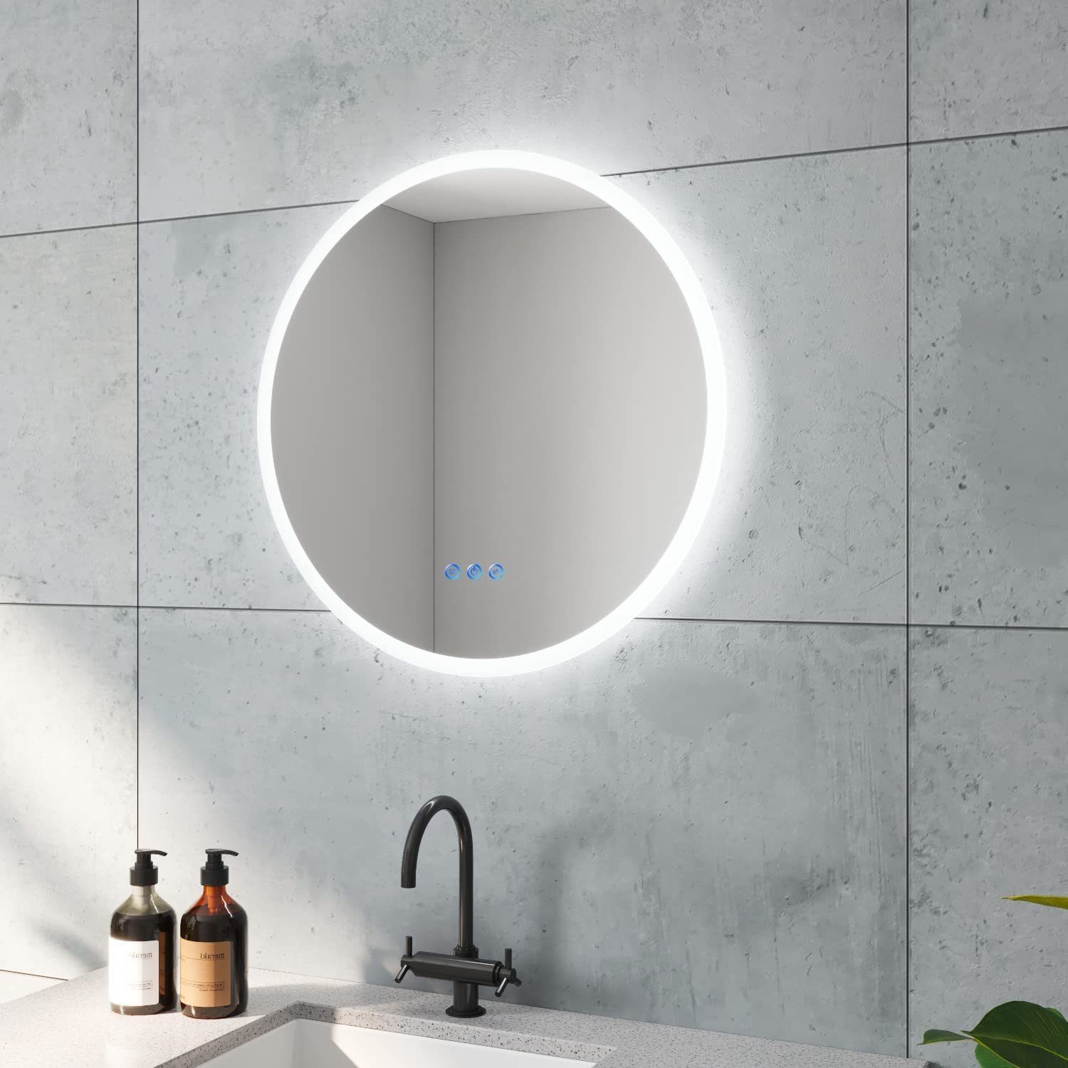 AQUALAVOS Badspiegel Kaltweiß Energiesparend 3000K, Beschlagfrei 6400K & Dimmbar LED Warmweiß Touchschalter, Beleuchtung mit Badspiegel Wandspiegel, Rund