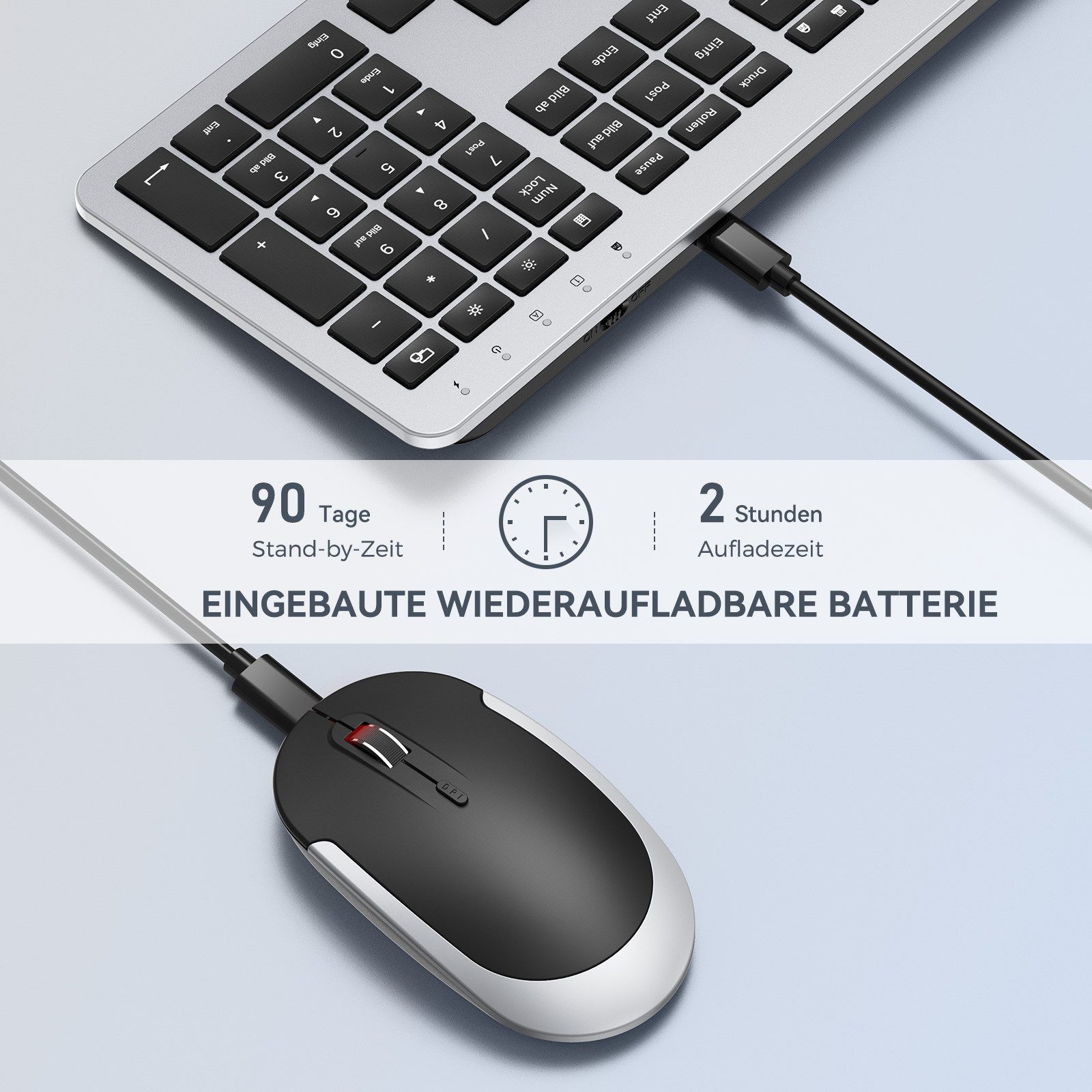 Seenda 038-3 Aufladbare Funktastatur mit Maus&Silikon für Windows DE Layout Tastatur- und Maus-Set, Aufladbar und Dünn