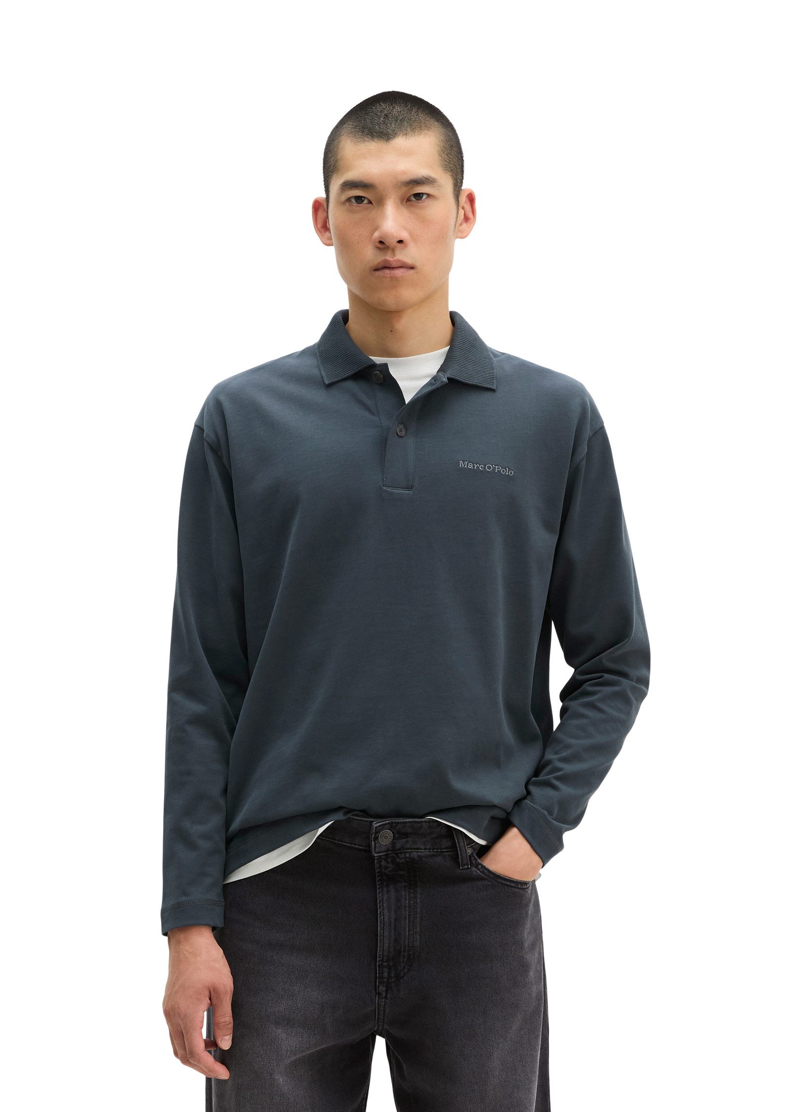Marc O'Polo Langarm-Poloshirt relaxed aus schwerem Bio-Baumwoll-Jersey