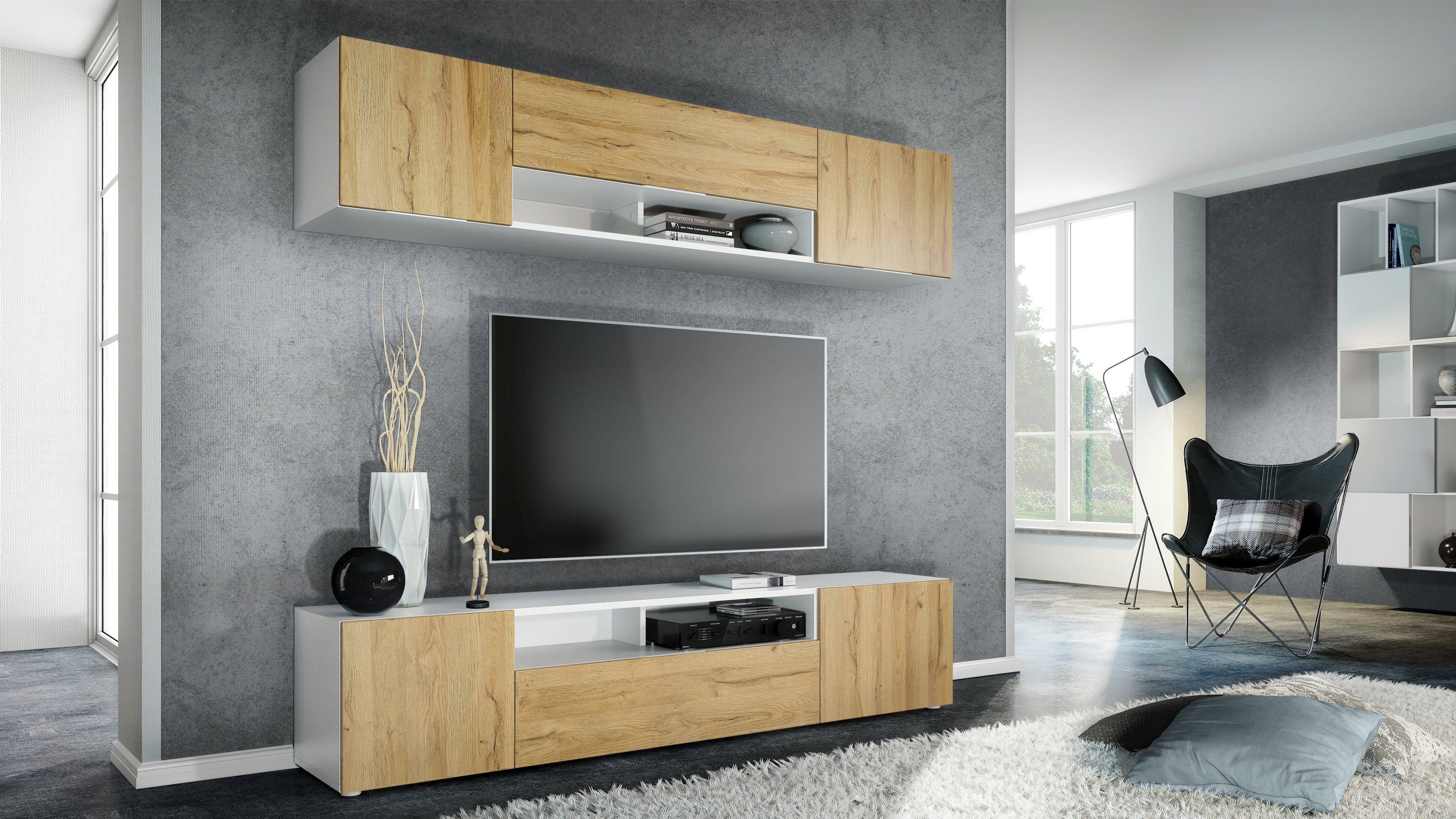 Vladon Wohnwand Mogan, (Anbauwand bestehend aus 2 TV-Boards, mit jeweils 2 Türen, 1 Klappe und 1 offenes Fach), Weiß matt/Eiche Natur 2x (181 x 39 x 35 cm)