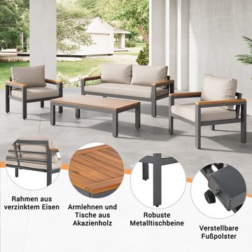 Merax Gartenlounge-Set mit Kissen, Balkonmöbel Set, Sitzgruppe, (4-tlg), für 4 Personen mit Eisenrahmen, Gartenmöbel Set aus Akazie