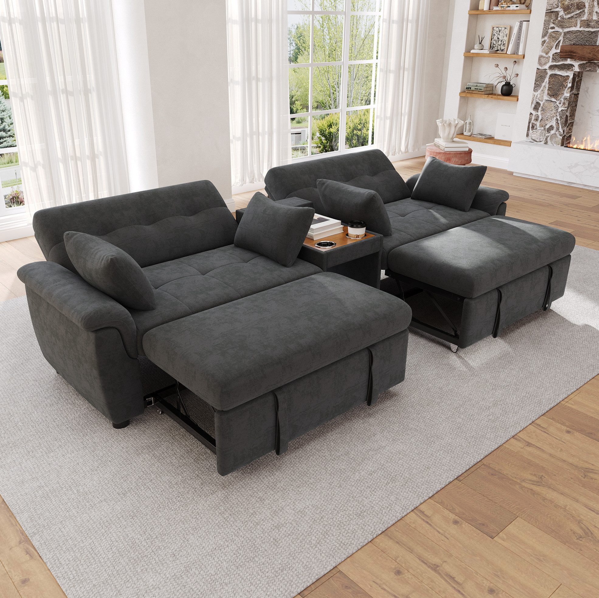OKWISH Sofa Schlafsofa, ausziehbare Wohnlandschaft mit Doppelbettfunktion, verstellbarer Rückenlehne, Chenille Bezug, Couchtisch und 4 Kissen, Loungesofa Ecksofa 284x138x89 cm