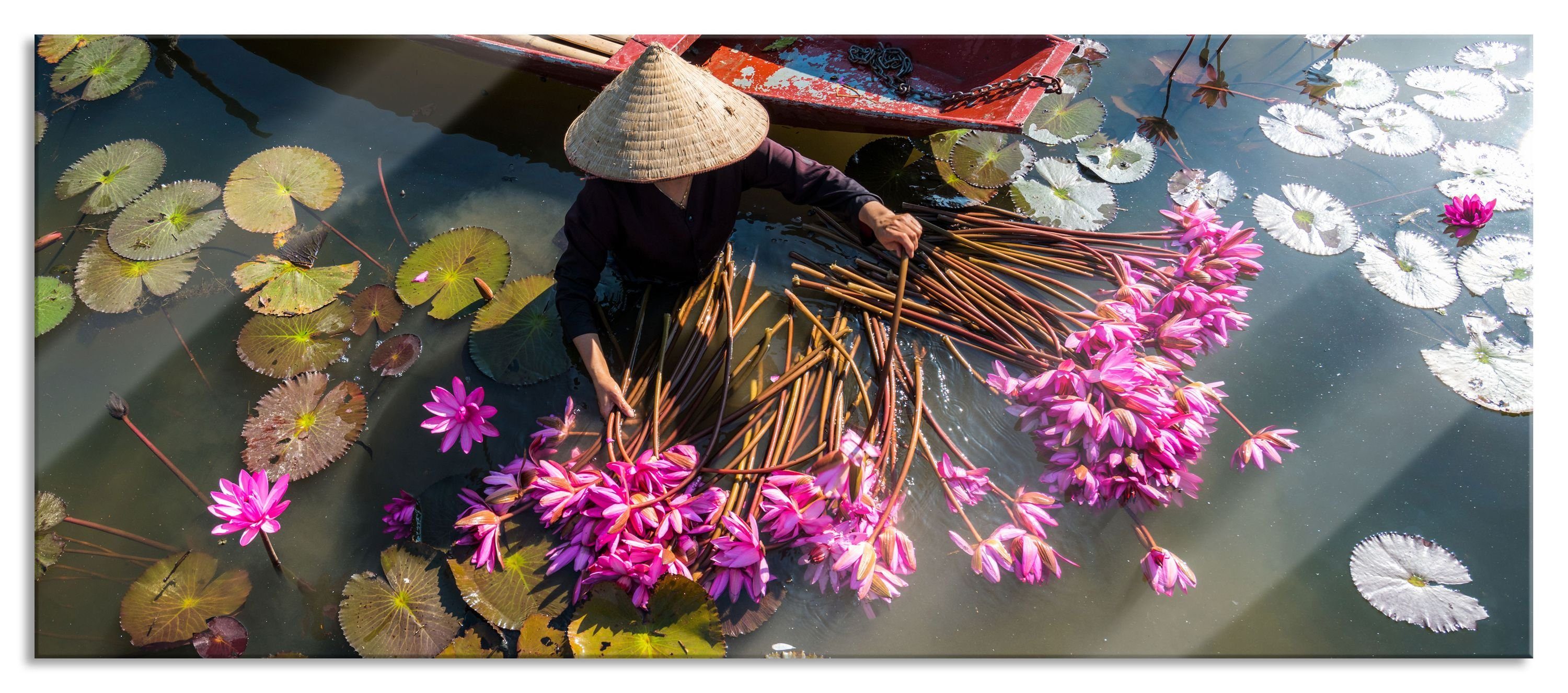 Glasbild Wasserlilienernte mit Boot in Vietnam