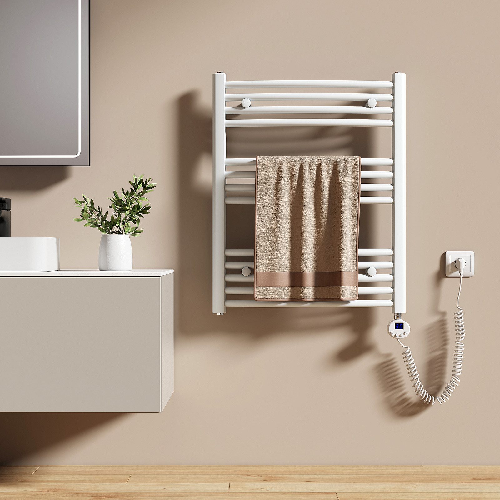 EMKE Elektrischer Badheizkörper Gebogen mit WiFi APP Steuerung Thermostat Höhe: 75cm, 300W, 4 Heizmodi 7-Tage-Timer, Boost & Frostschutz Handtuchwörmer