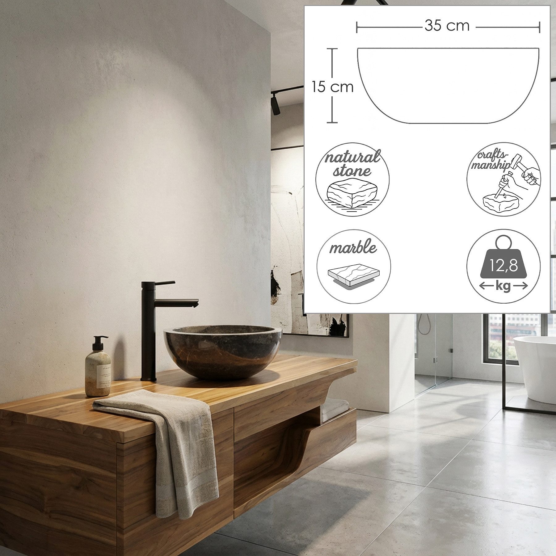Casa Moro Waschbecken Stein Waschbecken - Marmor Aufsatzwaschbecken für Badezimmer Gäste-WC (Indonesisches Aufsatzwaschbecken Naturstein handgemacht), MW123515
