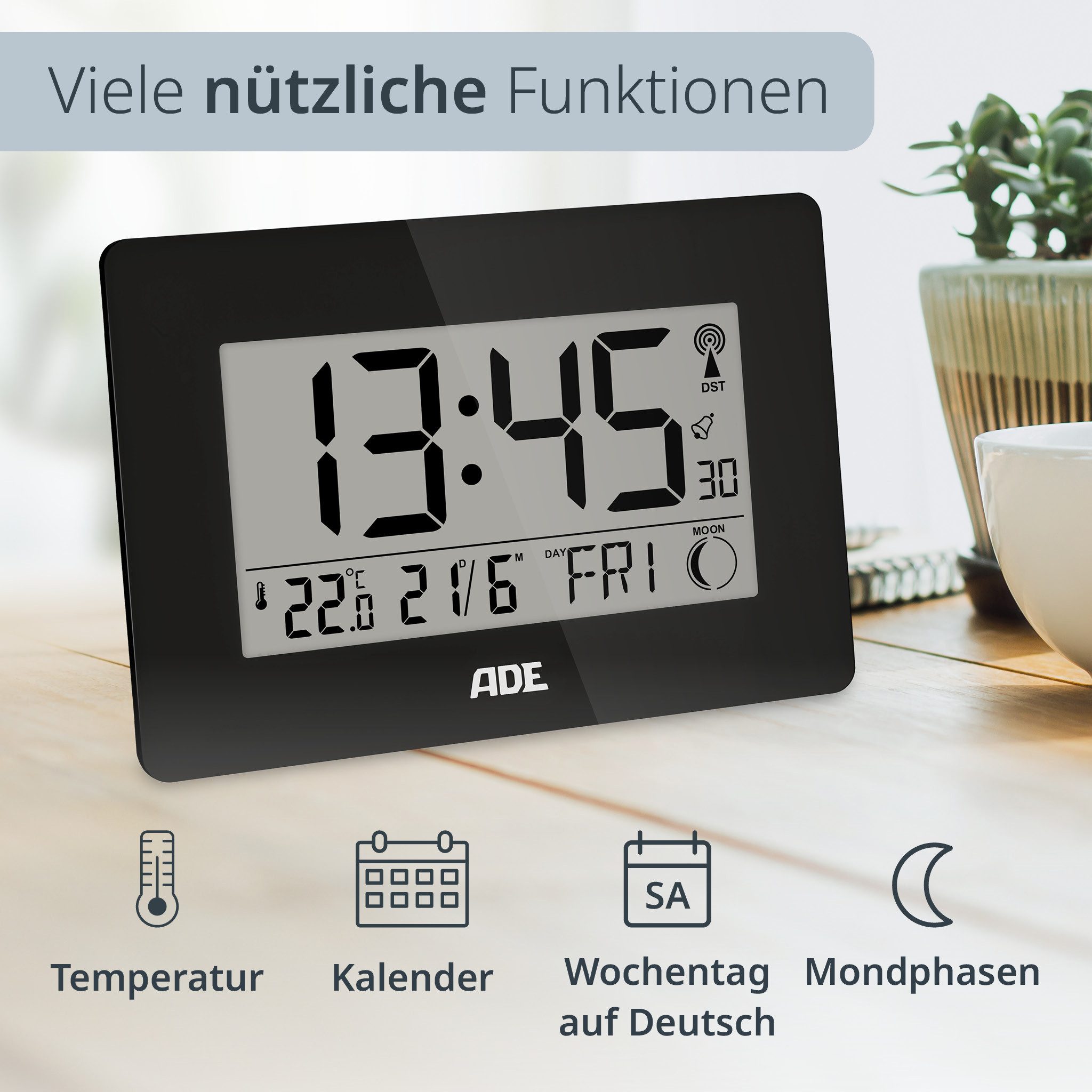 ADE Funktischuhr Digital,Tischuhr & Wanduhr mit XXL-Display, Thermometer Funkuhr mit Datum, Wochentag & Mondphasen, inkl. 2 AA Batterien
