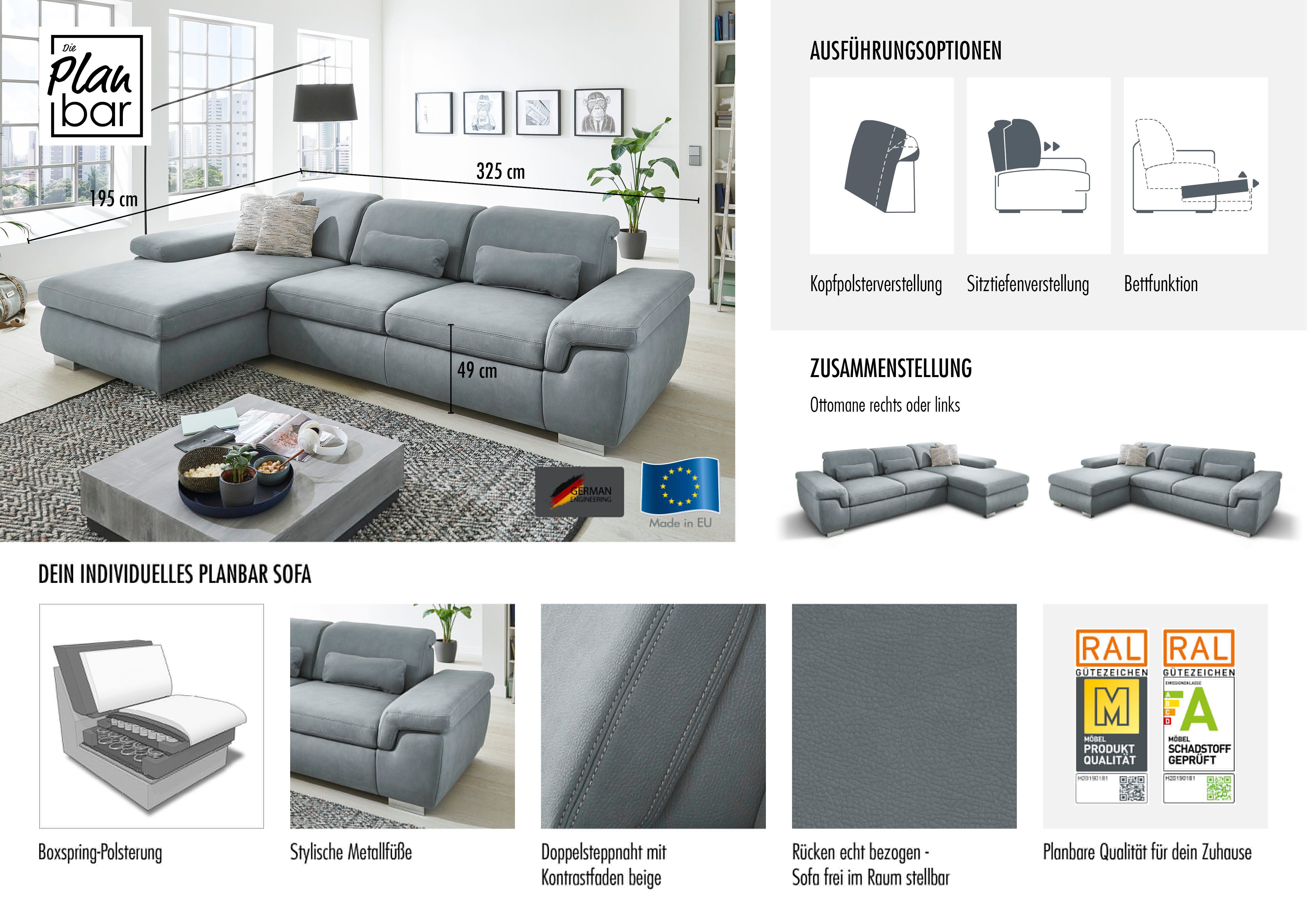 Die PlanBar Ecksofa MP-IN17041 L-Form, mit Sitztiefenverstellung, optional Kopfteilverstellung & Bettfunktion