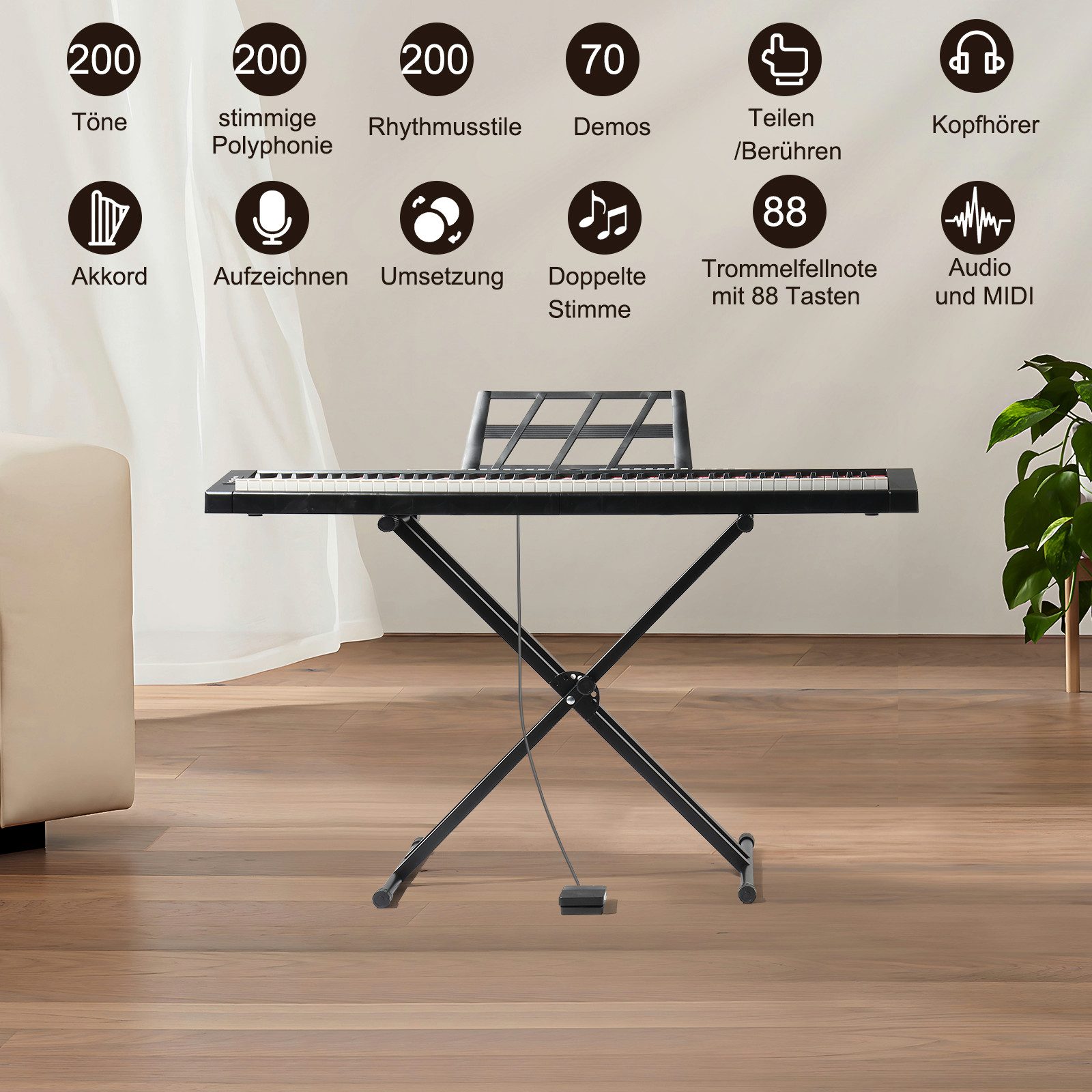 LALAHO Digitalpiano E Piano 88 Tasten, Keyboard für Kinder und Erwachsene, Dual-Bluetooth, mit/ohne Ständer, für Kinder und Erwachsene – Bild 5 von 5