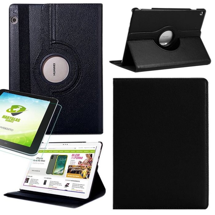 Wigento Tablet-Hülle Für Samsung Galaxy Tab S6 Lite und 2022 360 Grad Hülle Cover Tasche Schwarz Kunst Leder Case Neu + 0 3 mm Hart Glas