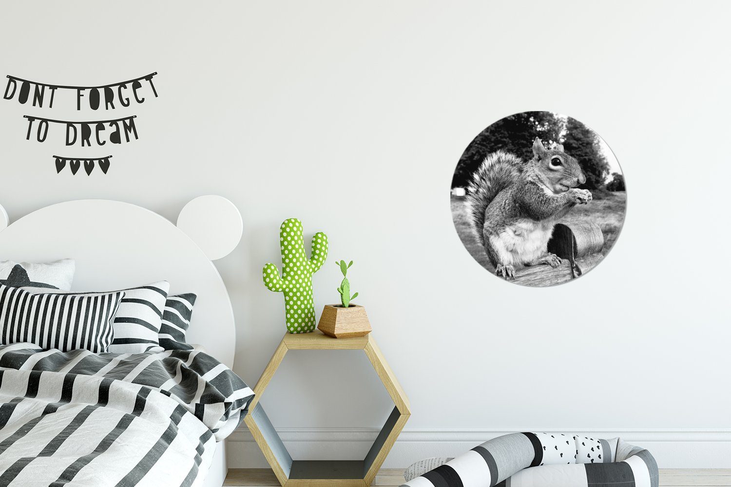 Holzbank Tapetenaufkleber, Kinderzimmer, schwarz Wohnzimmer MuchoWow (1 Eichhörnchen weiß Rund, auf für Tapetenkreis in Wandsticker und St),