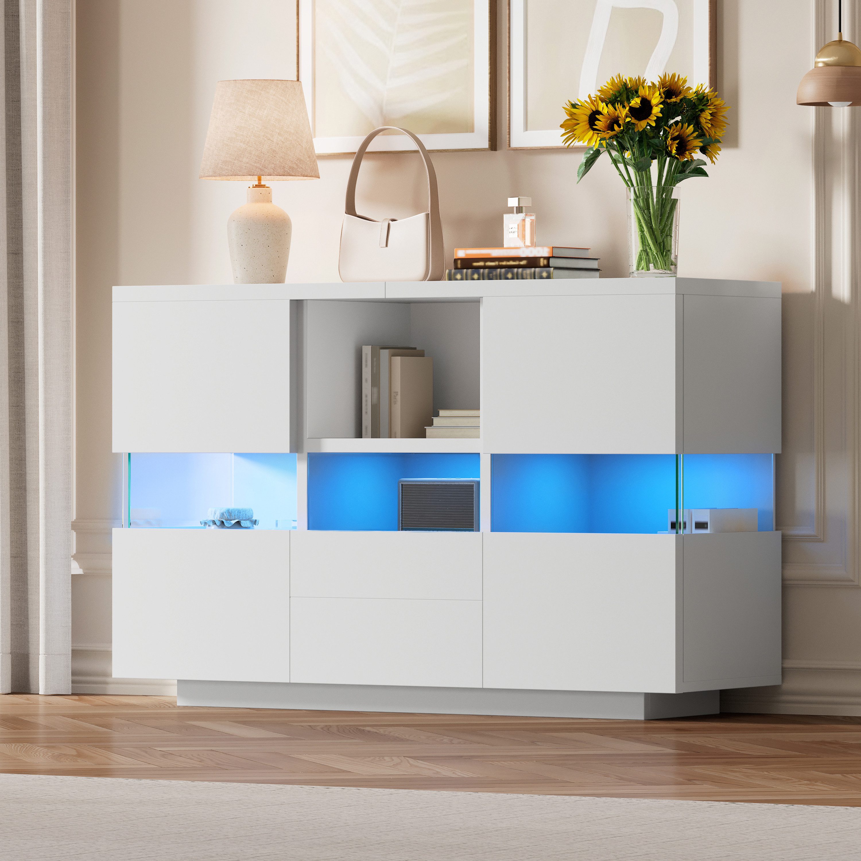 OKWISH Sideboard Küchenschrank Anrichte (mit Doppelebene – schwebend oben, bodenstehend unten, vielseitiger Stauraum und staubgeschützt)