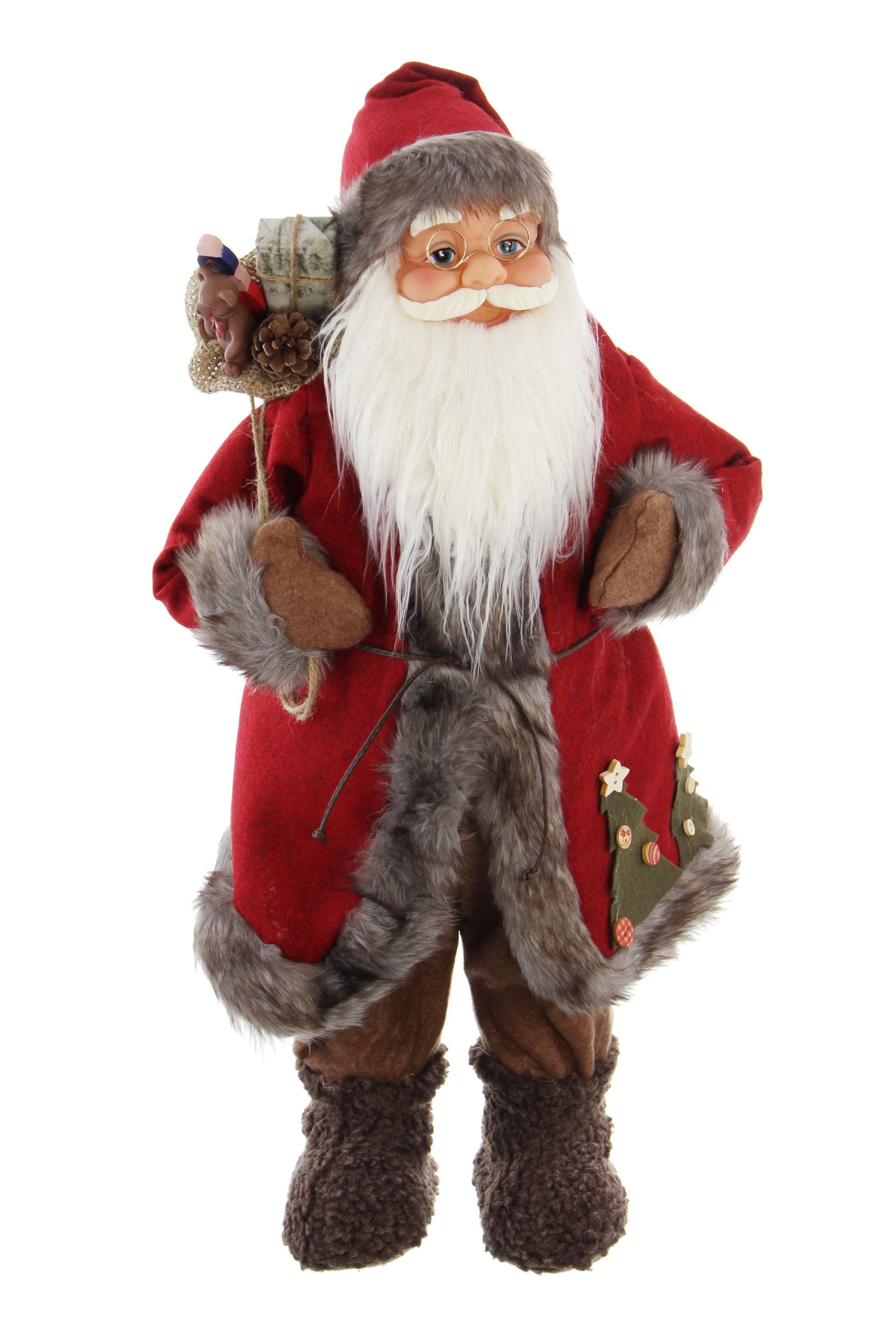 Dekoleidenschaft Weihnachtsmann Dekofigur "Nikolaus", 60 cm hoch, große Weihnachtsmannfigur aus Textil, Kunstfell & Filz, Santa Claus Figur mit Geschenke-Sack