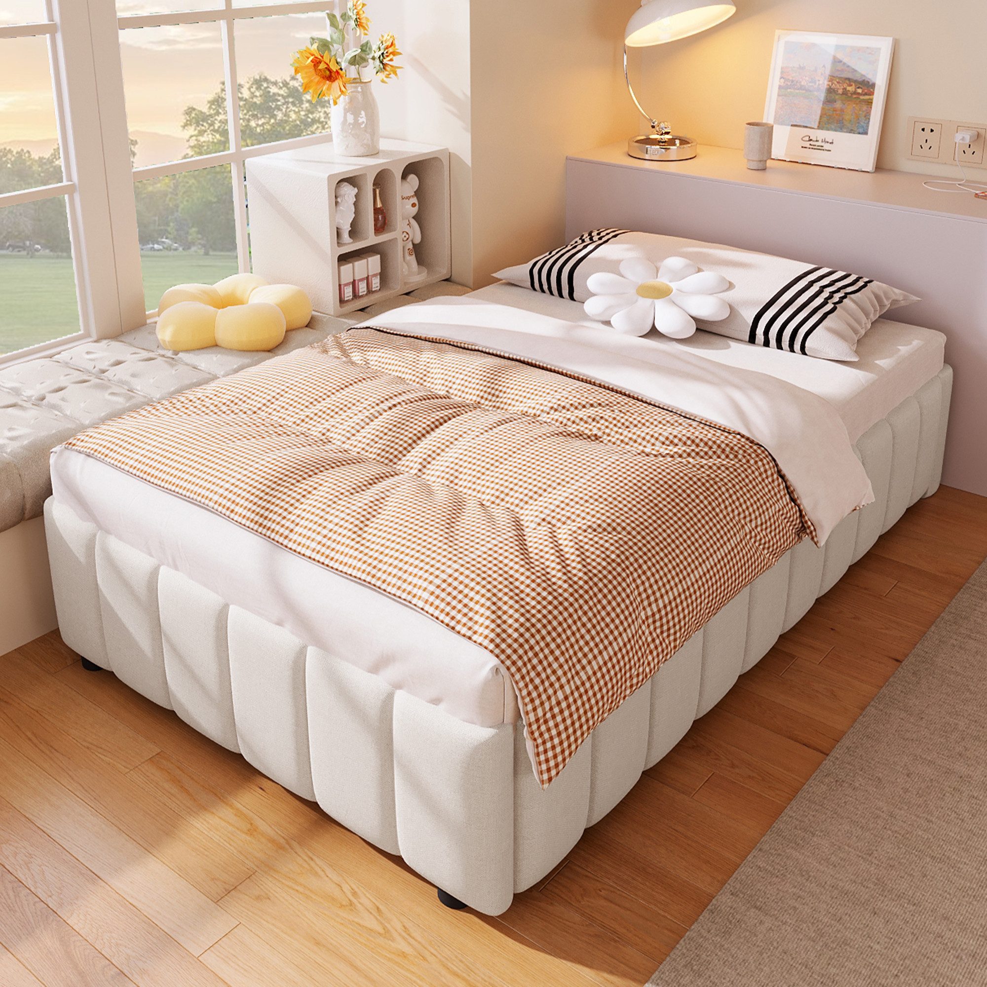 SOFTWEARY Futonbett (mit Lattenrost und Aufbewahrung, 90x200 cm), Einzelbett ohne Kopfteil, Leinen