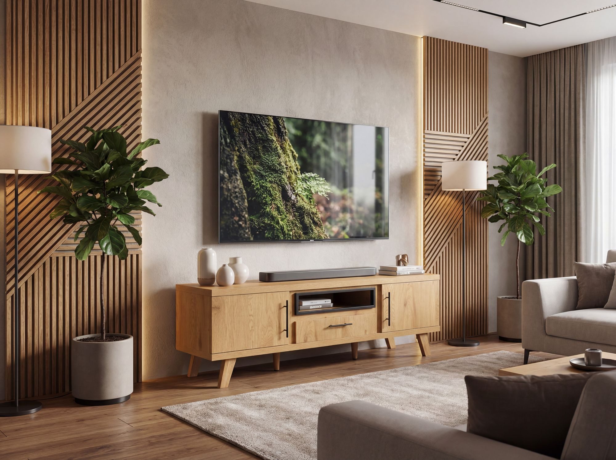 Wohnling Lowboard WL7.647 TV-Board Fernsehschrank Fernsehkommode in Eiche Dekor 150cm (Praktische TV-Anrichte mit Kabeldurchlass), Viel Stauraum dank verschiedenen Fächern