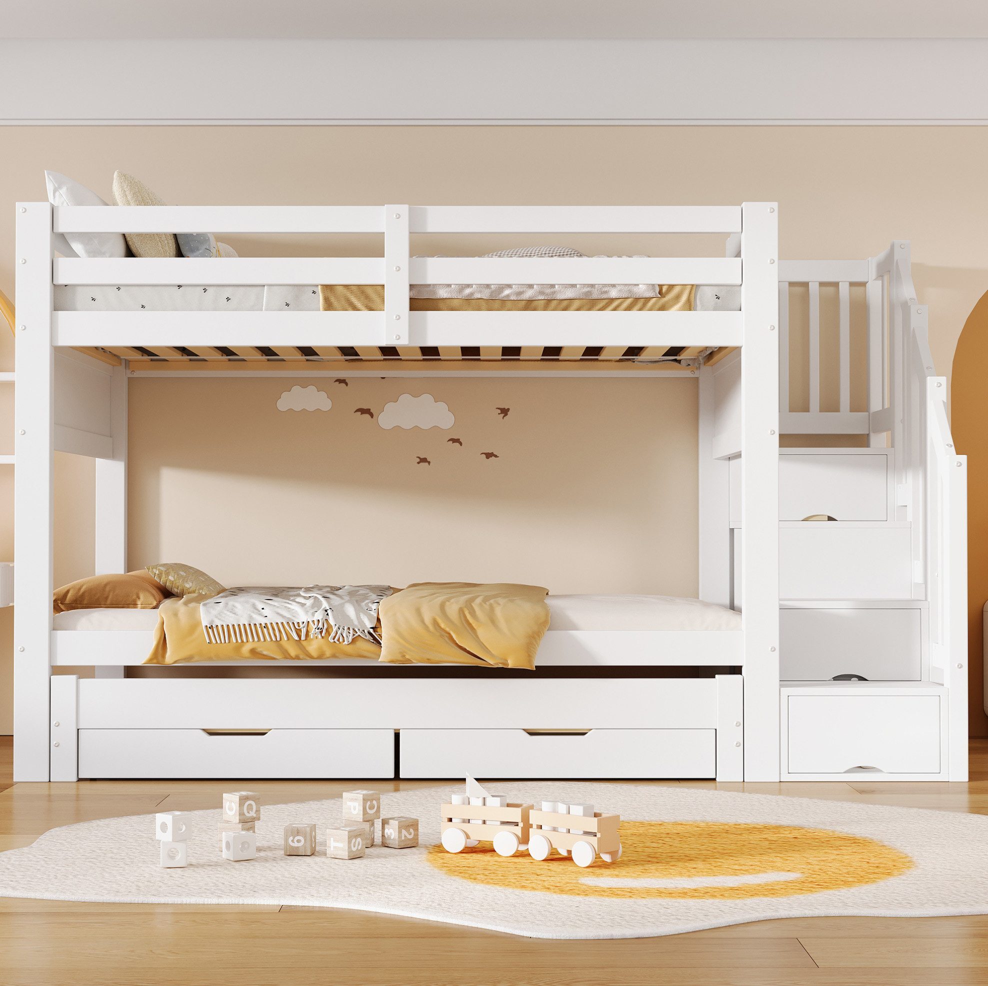 OKWISH Hochbett Etagenbett Weiß 90x200 cm mit Klappbett und Kleiderschrank (Packung, 1-St., Schlafbett ohne Matratze für Kinderzimmer mit Stauraum) Stockbett mit 2 Schubladen und Aufbewahrungstreppe Design