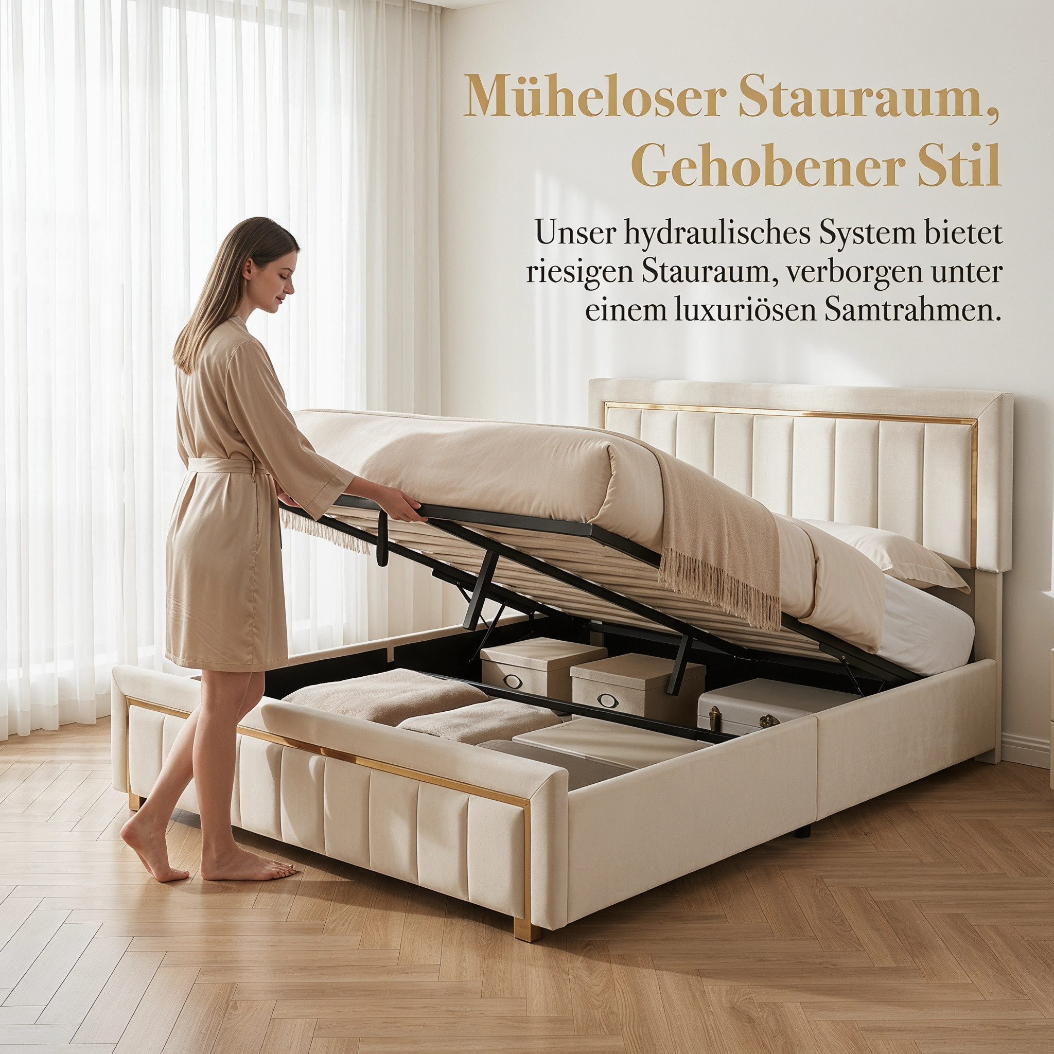 PXloue Stauraumbett Polsterbett Doppelbett, mit bettkasten und Lattenrost,Samtstoff,160x200 cm – Bild 3 von 5