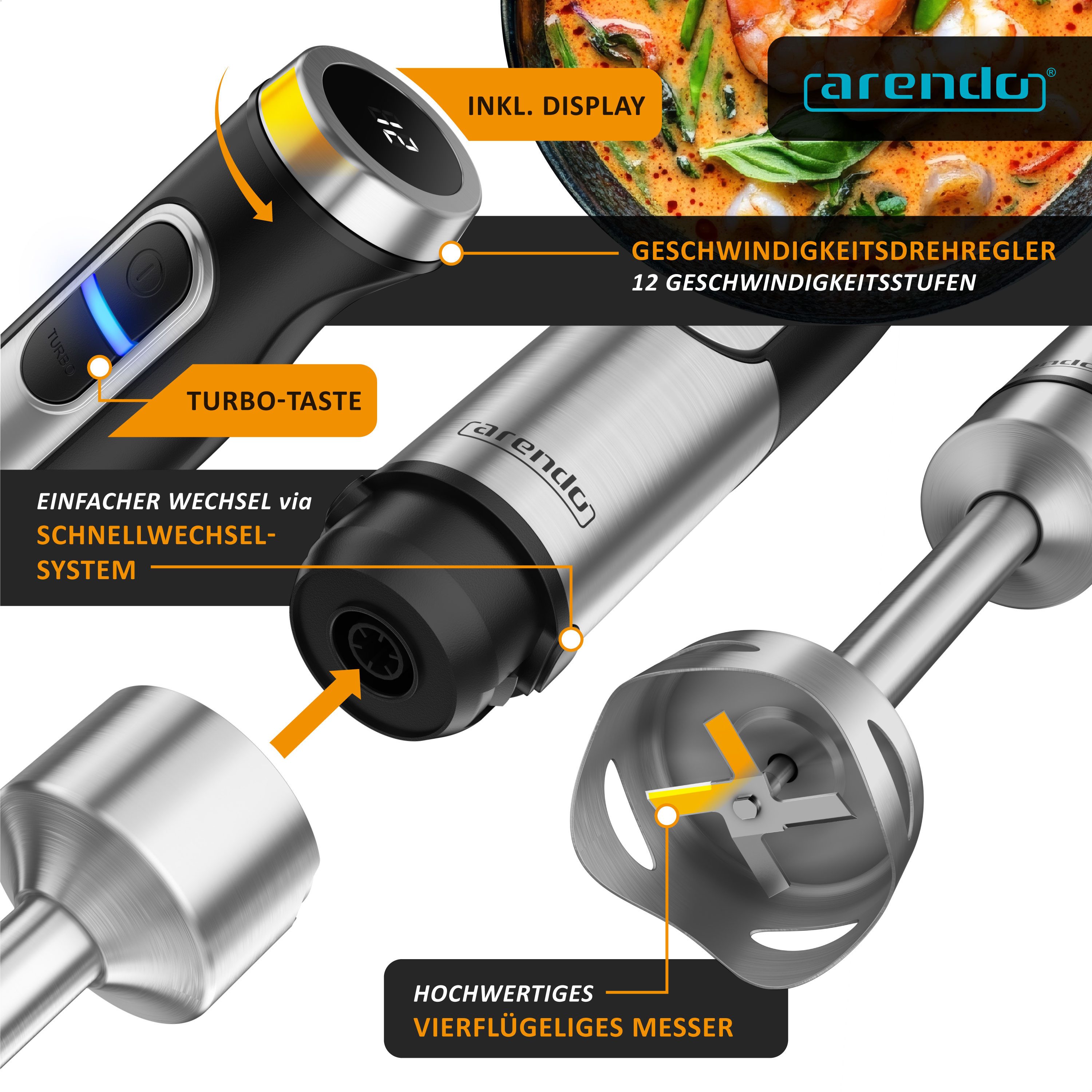 Arendo Stabmixer Edelstahl Pürierstab, Handmixer, Doppelquirl, Schneebesen & Mixbecher, 1500 W, DC-Motor, Turbotaste, Abnehmbarer Mixfuß, 12 Geschwidnigkeitsstufen