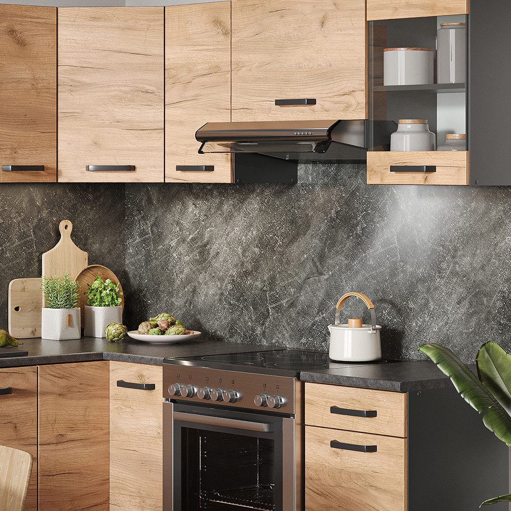 Vicco Winkelküche Rick, Goldkraft Eiche/Anthrazit/Anthrazit, 190 x 46 cm, AP Anthrazit
