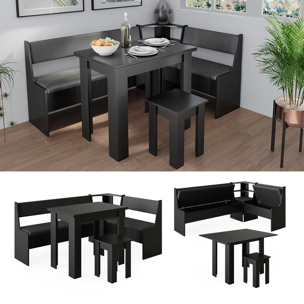 Vicco Sitzgruppe Roman, Schwarz, 120 x 180 cm mit Tisch, (Set, 5-tlg., 5-er Set), Truhenfunktion