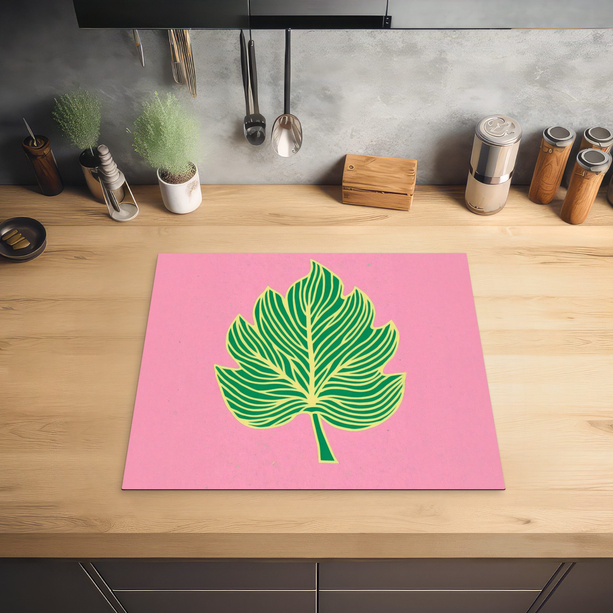MuchoWow Herd-Abdeckplatte Blatt - Grün - Illustration - Minimalistisch, Vinyl, (1 tlg), Cerankochfeld Abdeckung, Herd Abdeckplatten Vinyl, 58.3x51.3 cm