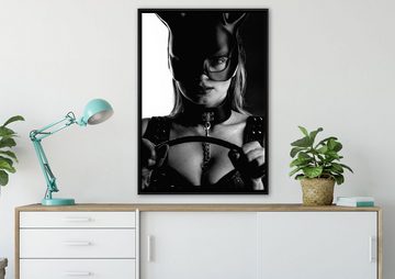 Pixxprint Leinwandbild Sexy Frau mit Halsband und Hasenmaske, Monochrome, Wanddekoration (1 St), Leinwandbild fertig bespannt, in einem Schattenfugen-Bilderrahmen gefasst, inkl. Zackenaufhänger