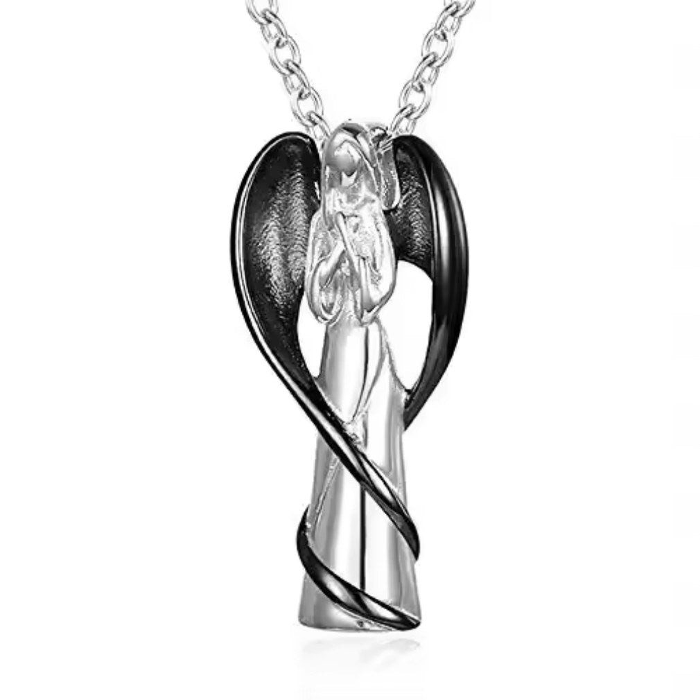 Dark-Desires Statementkette Urnen-Asche Halskette "Betender Engel" aus Edelstahl silber-schwarz