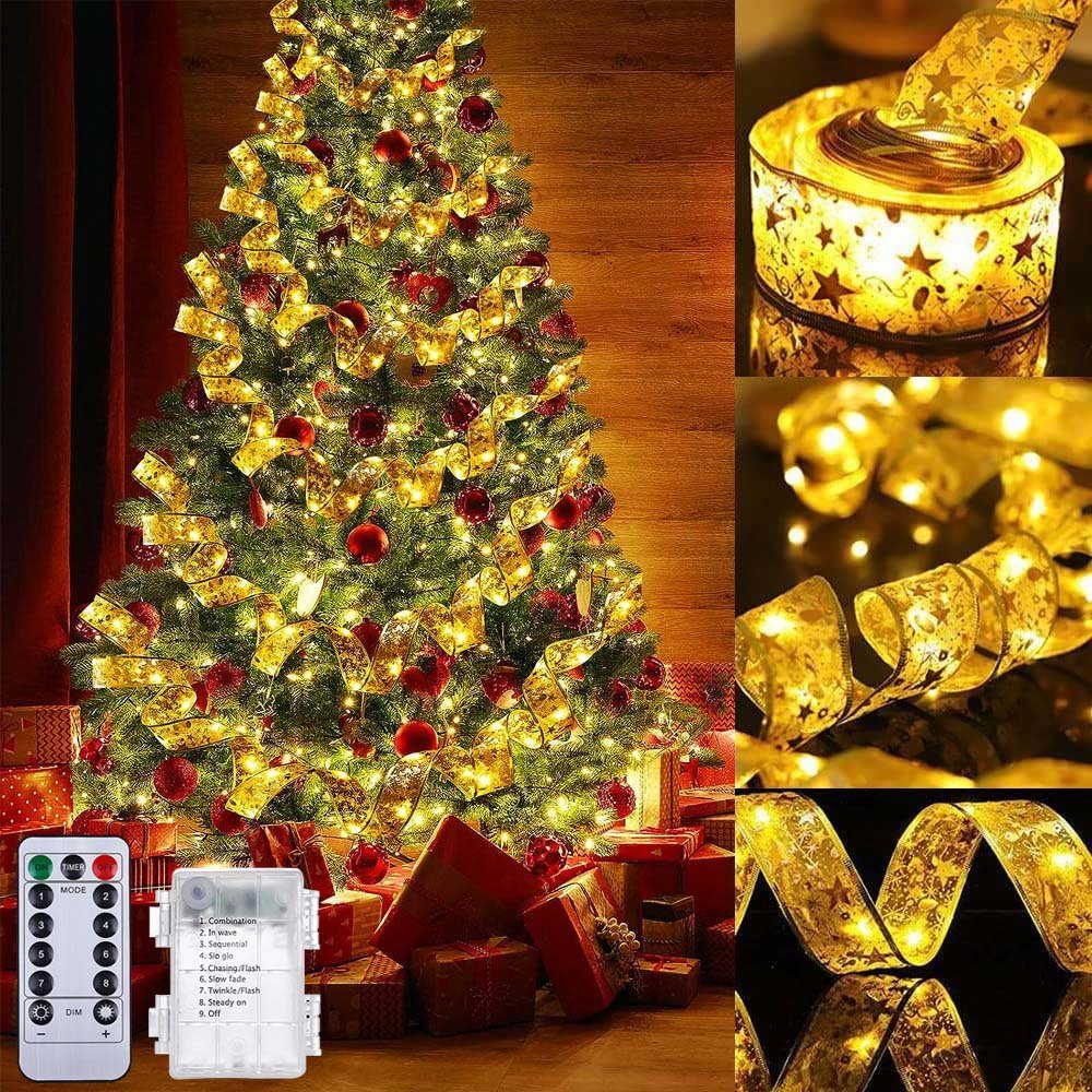 Gold Modi, für Weihnachtsbaum Fernbedienung, Lichterband, Weihnachtsfeier, Rosnek wasserdicht, Batterie; 8 LED-Lichterkette Deko (Warmweiß) Timer, 5/10M,