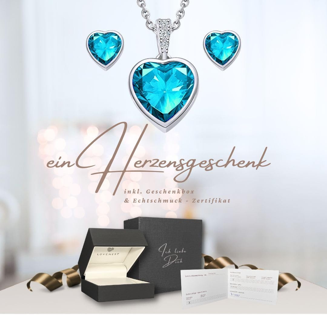 LOVENEST Ohrring und Ketten Set Schmuck Set Silber925/Rot & Aquamarin Zirkonia Kette Ohrringe (3-tlg., Weihnachten, Geburtstag, Hochzeitstag)