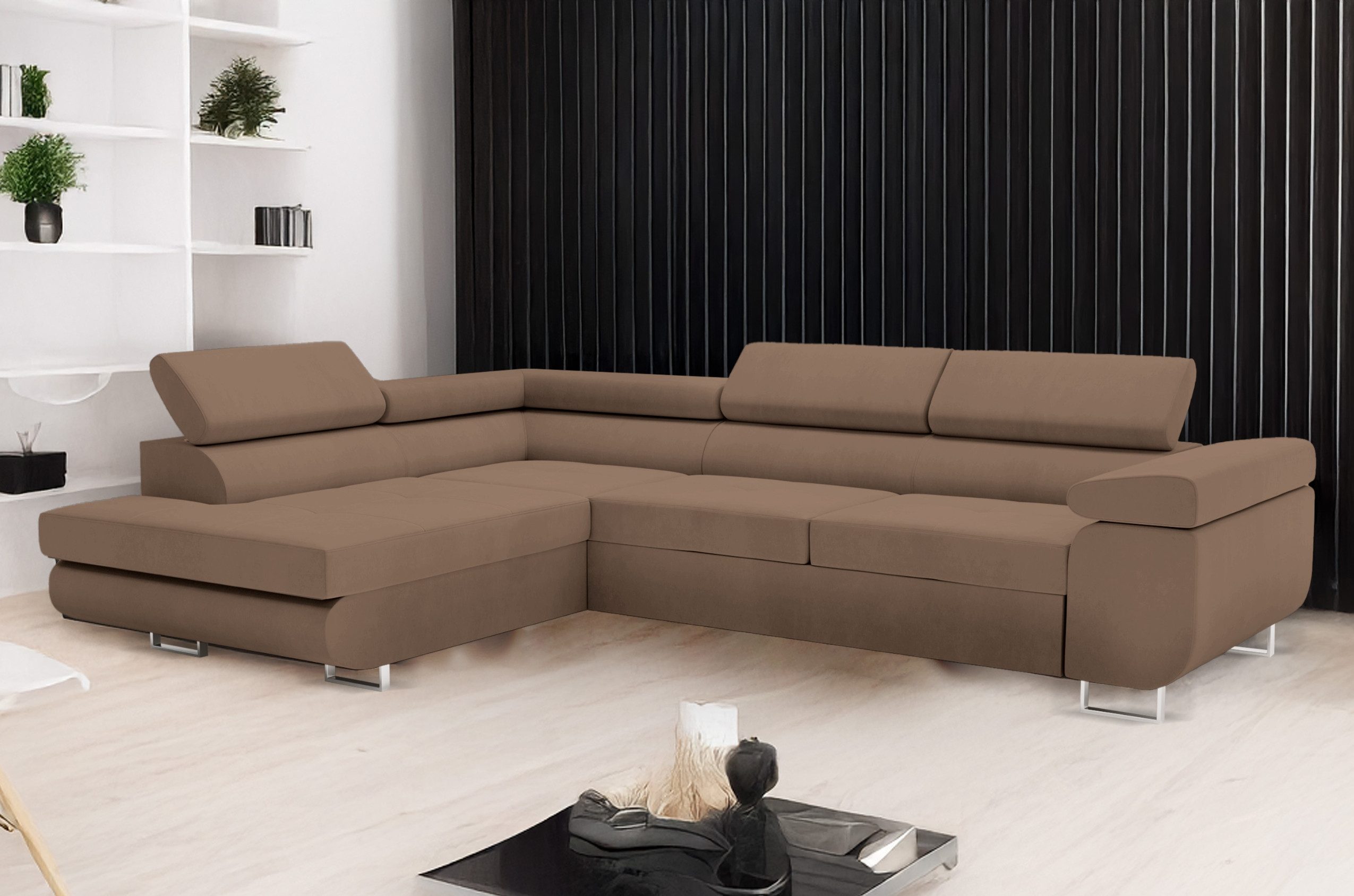 Goldstoff Ecksofa mit Schlaffunktion, Monolith 09/braun, Ottomane Links