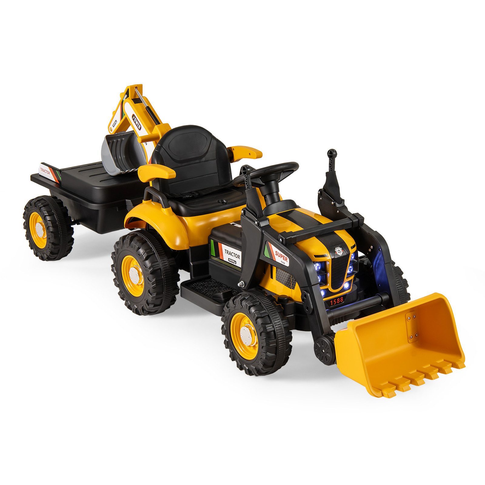 COSTWAY Elektro-Kinderauto, Belastbarkeit 30 kg, 12V Traktor, Aufsitztraktor, Sitzbagger, mit LED & Musik