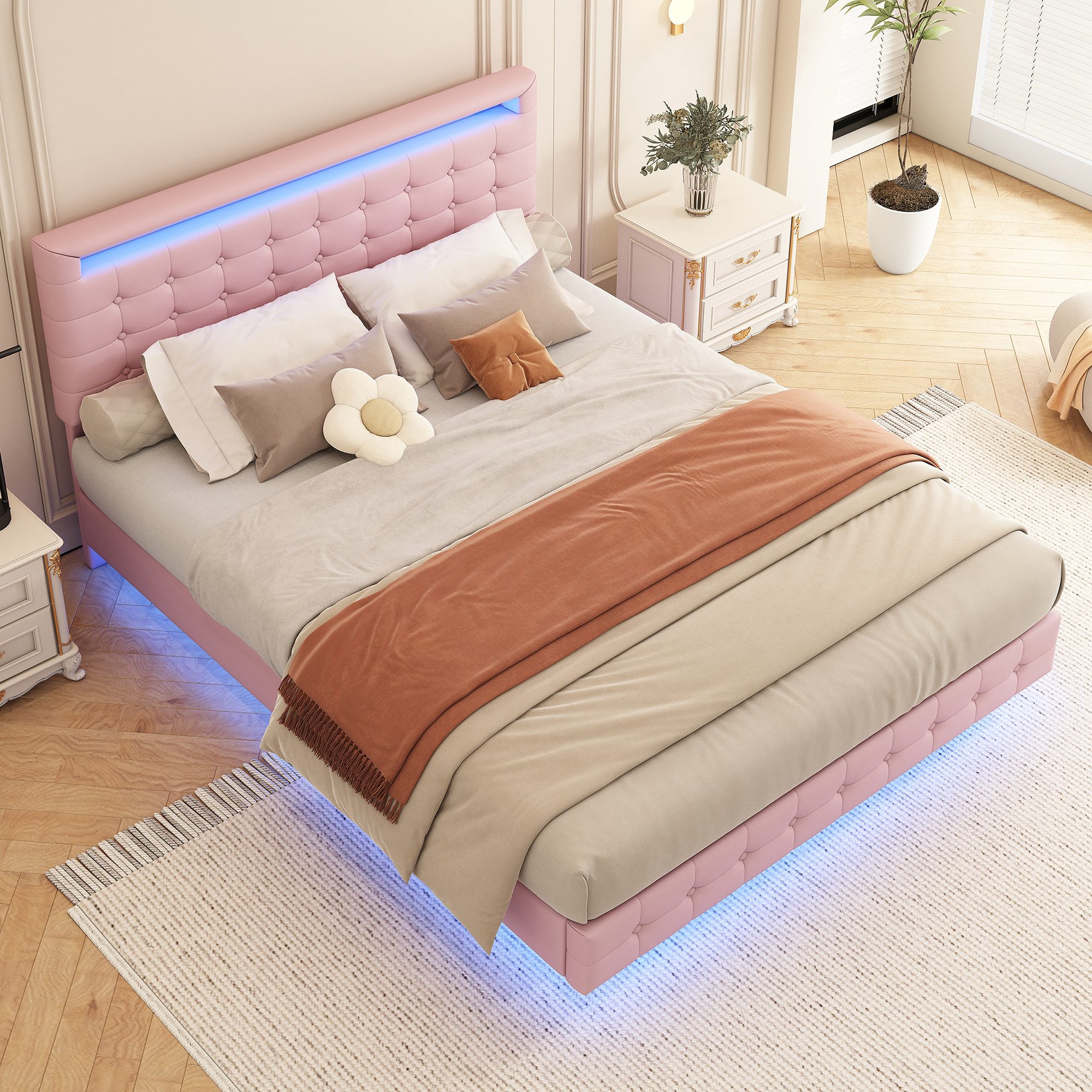 Flieks Polsterbett, LED Doppelbett Schwebebett 140x200cm mit hochstellbarem Kopfteil