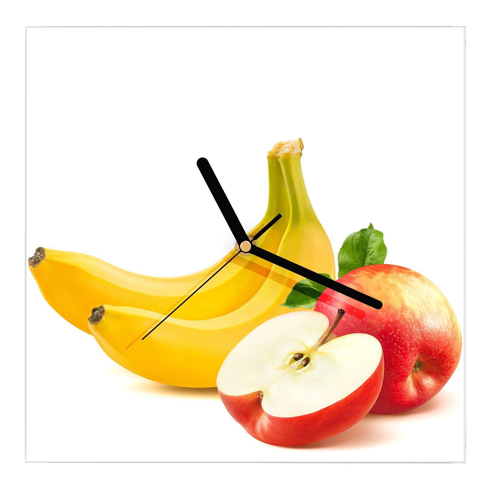 Primedeco Wanduhr Glasuhr Wanduhr Wandkunst Größe 30 x 30 cm mit Motiv Bananen und Äpfelschnitz