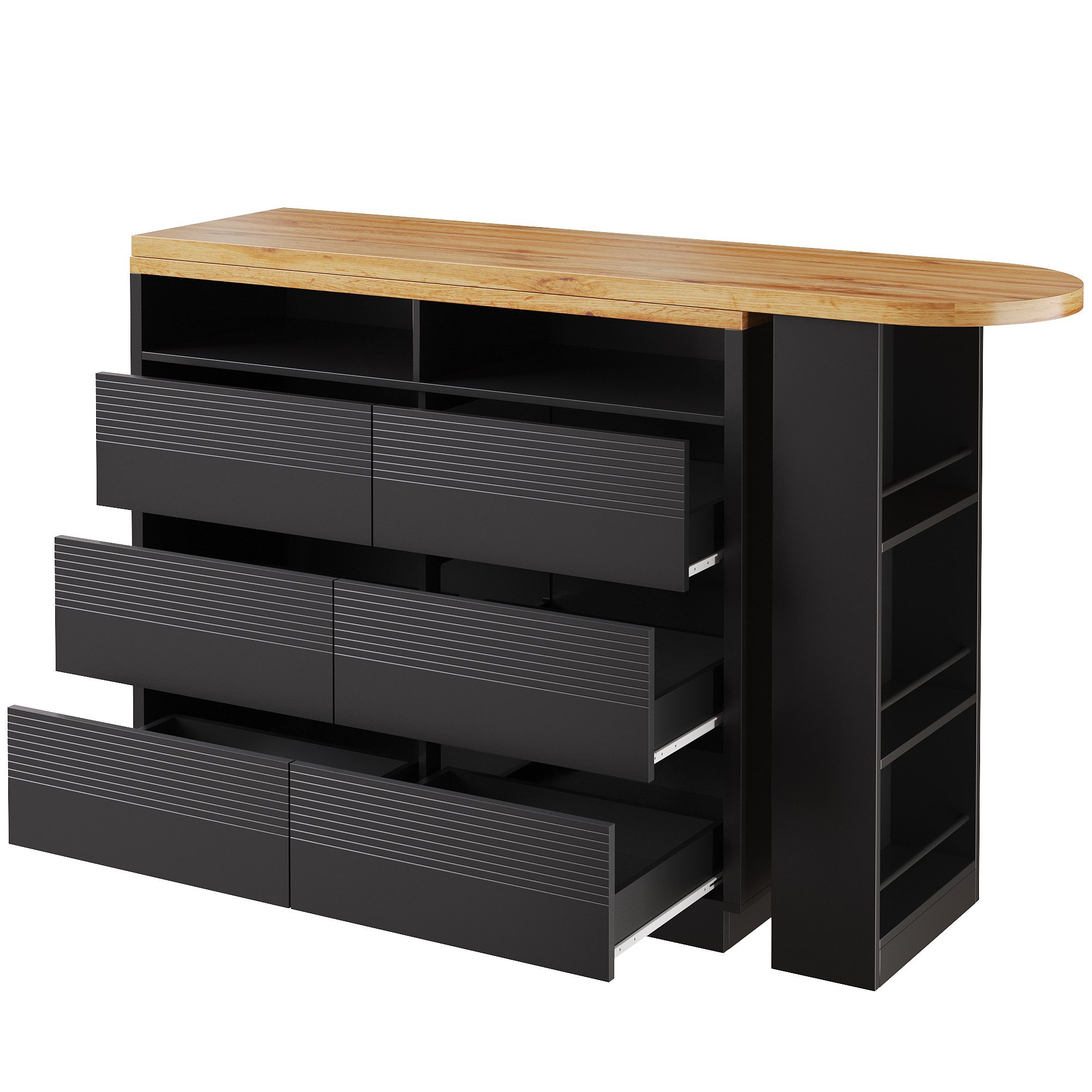 Flieks Bartisch 360° drehbar Esstisch mit Rollen & Kommode mit 6 Schubladen (Tischplatte in Holzoptik, Länge137-215x39 cm, 2-St., 2er Set), Schwenkbar Stehtisch mit Mehrzweckschrank Sideboard Schwarz