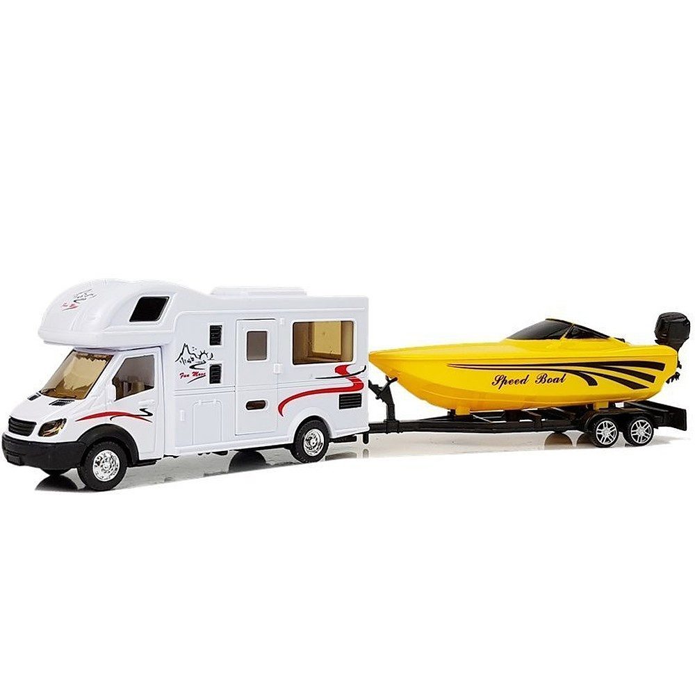LEAN TOYS Spielzeug-Auto Reisemobil Motorboot Modellfahrzeug, (Spar-Set, 1-tlg., 17 x 6 x 8 cm detailliert), Reibungsantrieb, Maßstab 1:48, Boot mit Anhänger