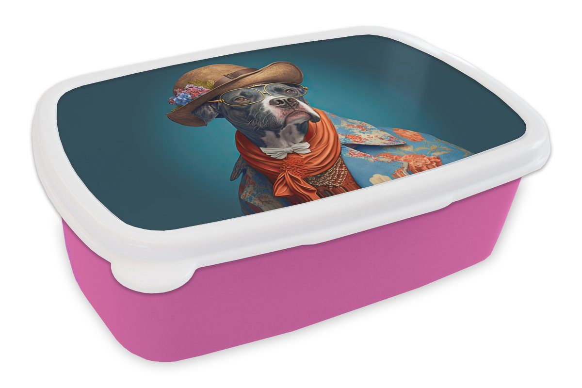 MuchoWow Lunchbox - Kunststoff, Kunststoff (2-tlg), - - Snackbox, Brotdose Blau, Brotbox - Blumen Hut für rosa Jacke Mädchen, Kinder, Hund Erwachsene