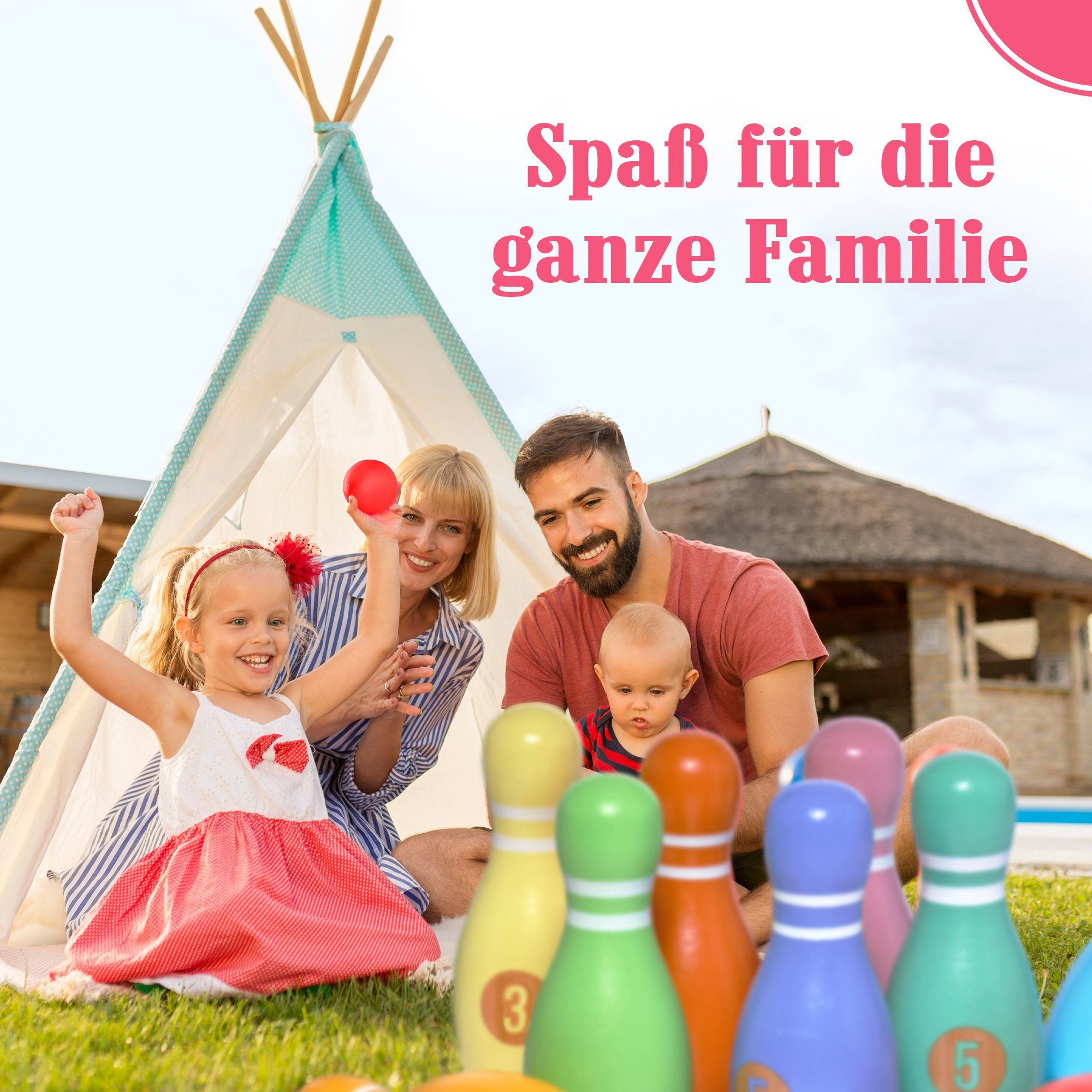 Pink Papaya Spiel Kids Bowling Classic, Familien- und Kinderspiel, 100 % Massivholz, schult Motorik & Koordination