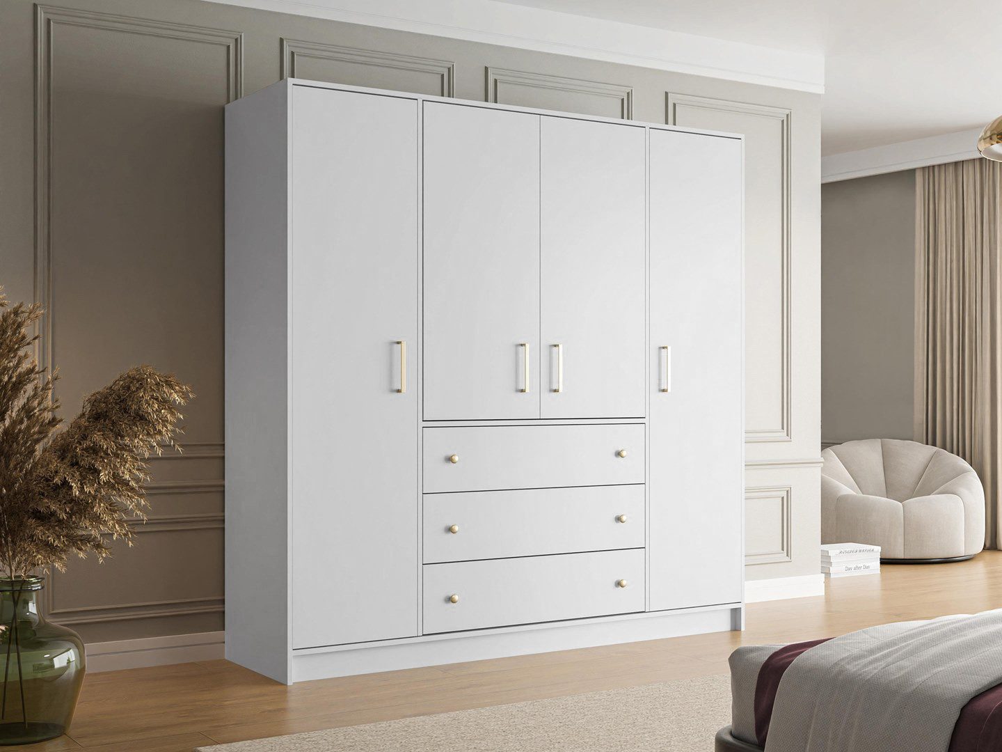 Beautysofa Drehtürenschrank RILO mit 4 Türen und goldfarbene Griffe (Kleiderstange, 8 Regalböden, 3 Schubladen, Farbe: Kaschmir, Weiß oder Schwarz) Breite: 196 cm