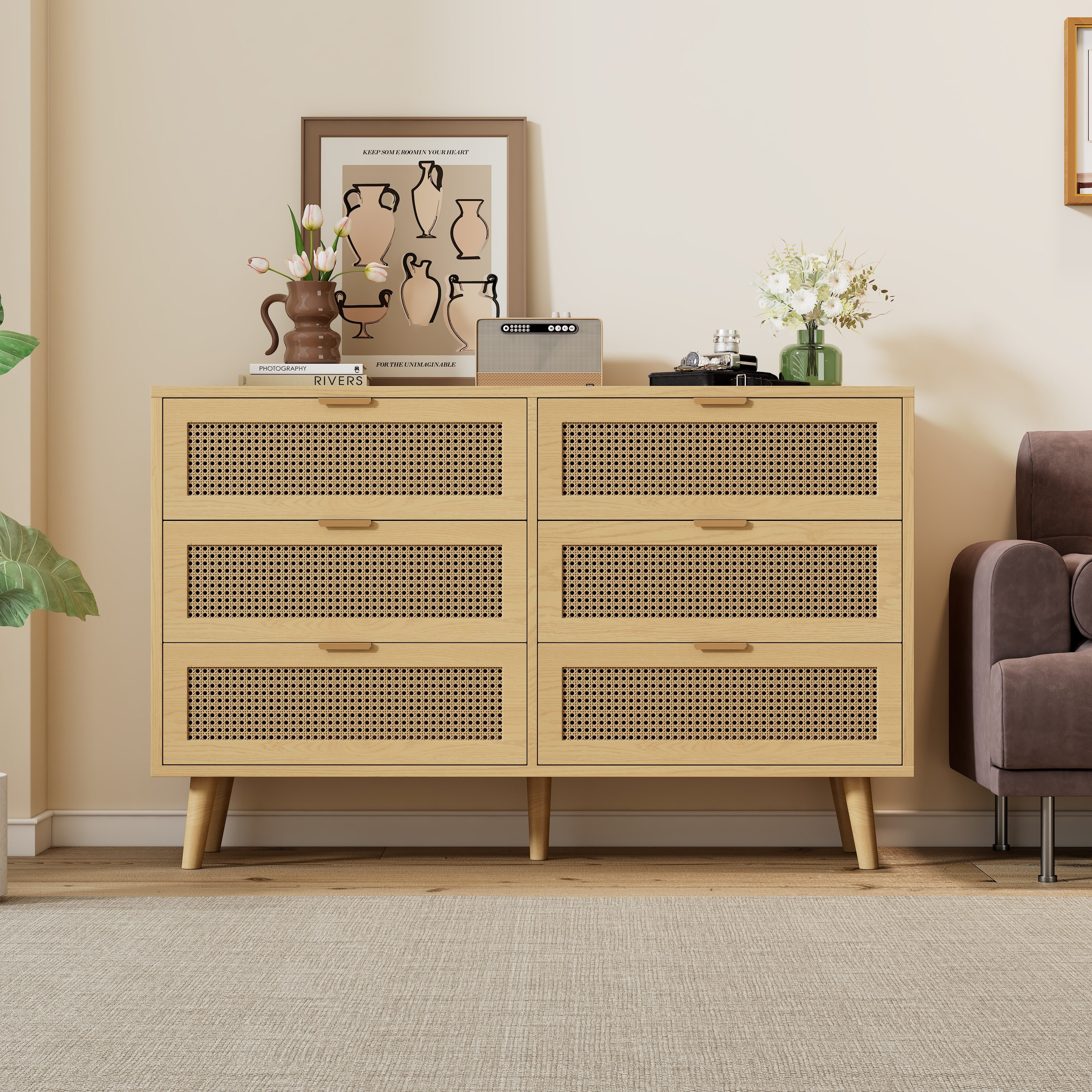 Merax Kommode mit 6 Schubladen, Schubkastenkommode,Sideboard Rattan geflecht,Massivholzbeine,B:120cm
