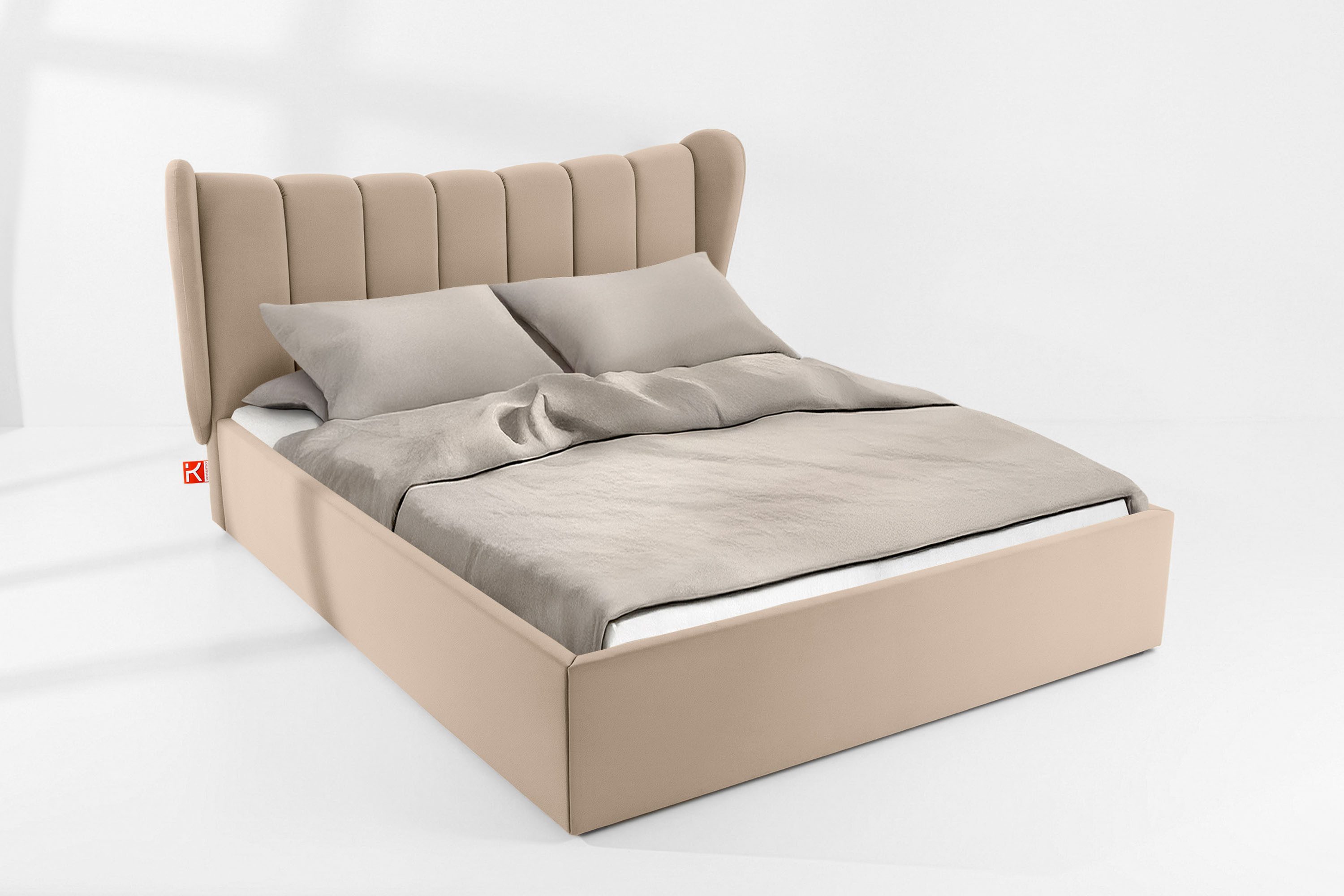 KONSIMO® Polsterbett GIZO Doppelbett, Stauraumbett, hergestellt in der EU (handgefertigt, Elegant-Stil, 160 cm x 200 cm), mit Massivholzrahmen, gepolsterte Kopfstütze mit vertikalen Nähten