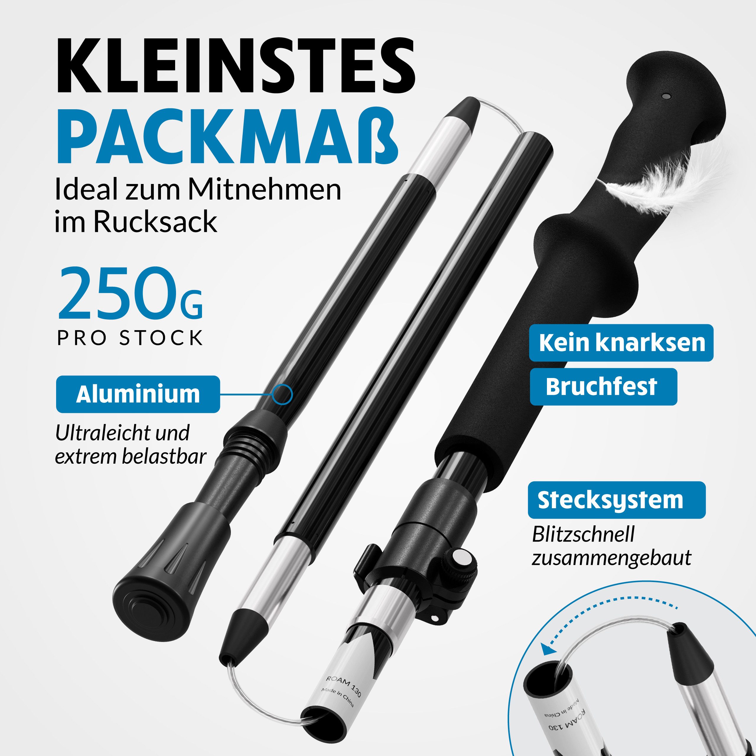 Terra Peak Wanderstöcke faltbar, ultraleicht, kleines Packmaß, bis 135 cm einstellbar, Set aus 2 Stöcken, Tragetasche, Gummipuffer, Handtuch – Bild 2 von 5