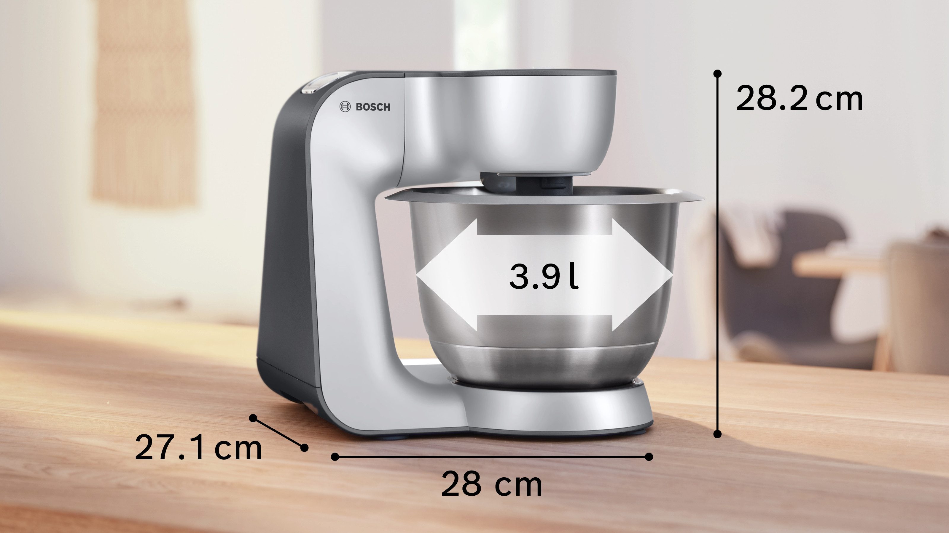 BOSCH Küchenmaschine MUM5935B Durchlaufschnitzler, 3 Scheiben, Mixer, silber, 1000 W, 3,9 l Schüssel, Fleischwolf, Kekspresse, Zitruspresse, 3 Rühr-/Knethaken,  – Bild 2 von 5