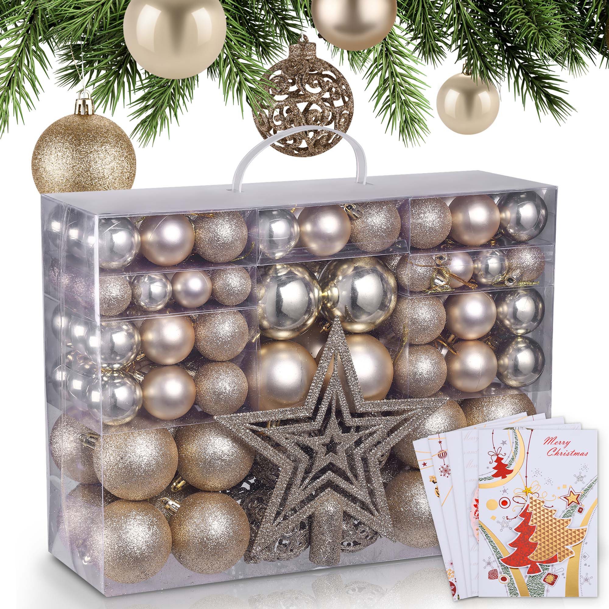 Onbest Weihnachtsbaumkugel Weihnachtskugeln 128-teiliges Set PLUS 5x Karten & 1x Baumspitze, in 3 Größen, 3 Designs, Weihnachtsschmuck Weihnachtsdeko