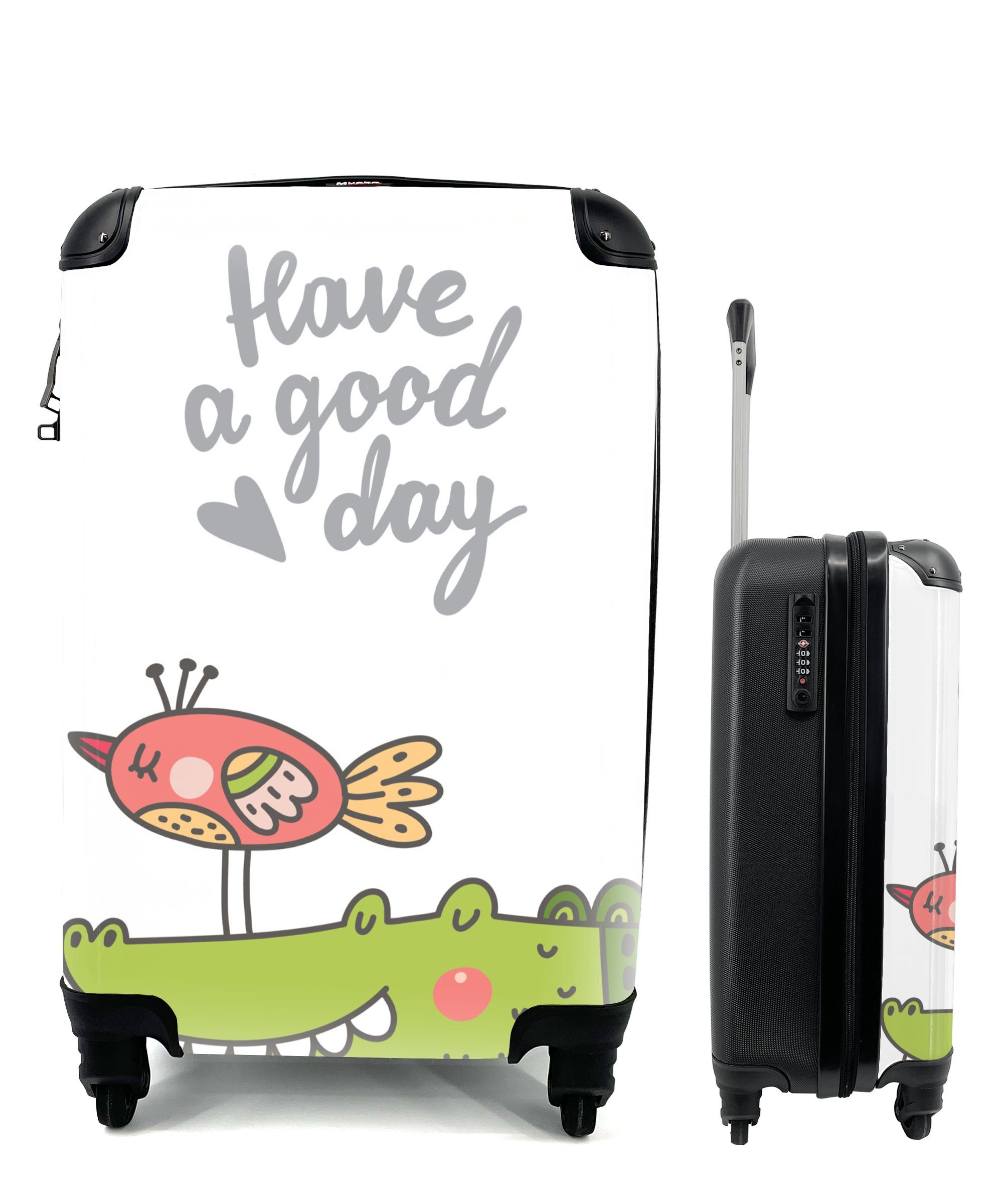 MuchoWow Handgepäckkoffer Illustration mit dem Zitat "Have a good day" und einem Vogel und, 4 Rollen, Reisetasche mit rollen, Handgepäck für Ferien, Trolley, Reisekoffer