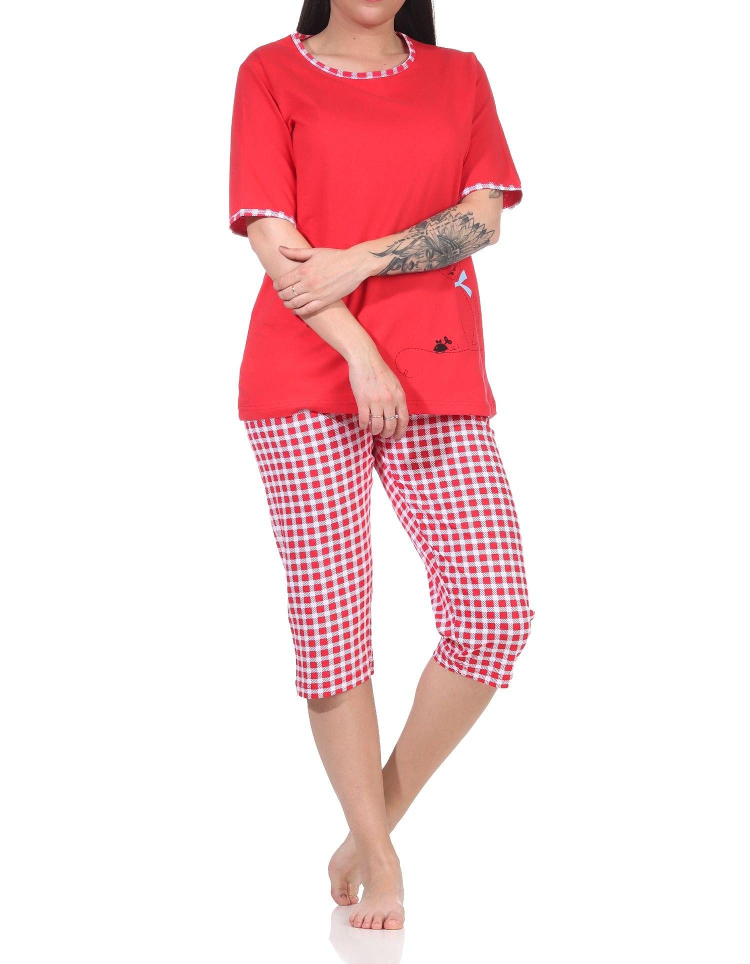 RELAX by Normann Pyjama Damen kurzarm Capri Schlafanzug mit süßen Katzen Motiv