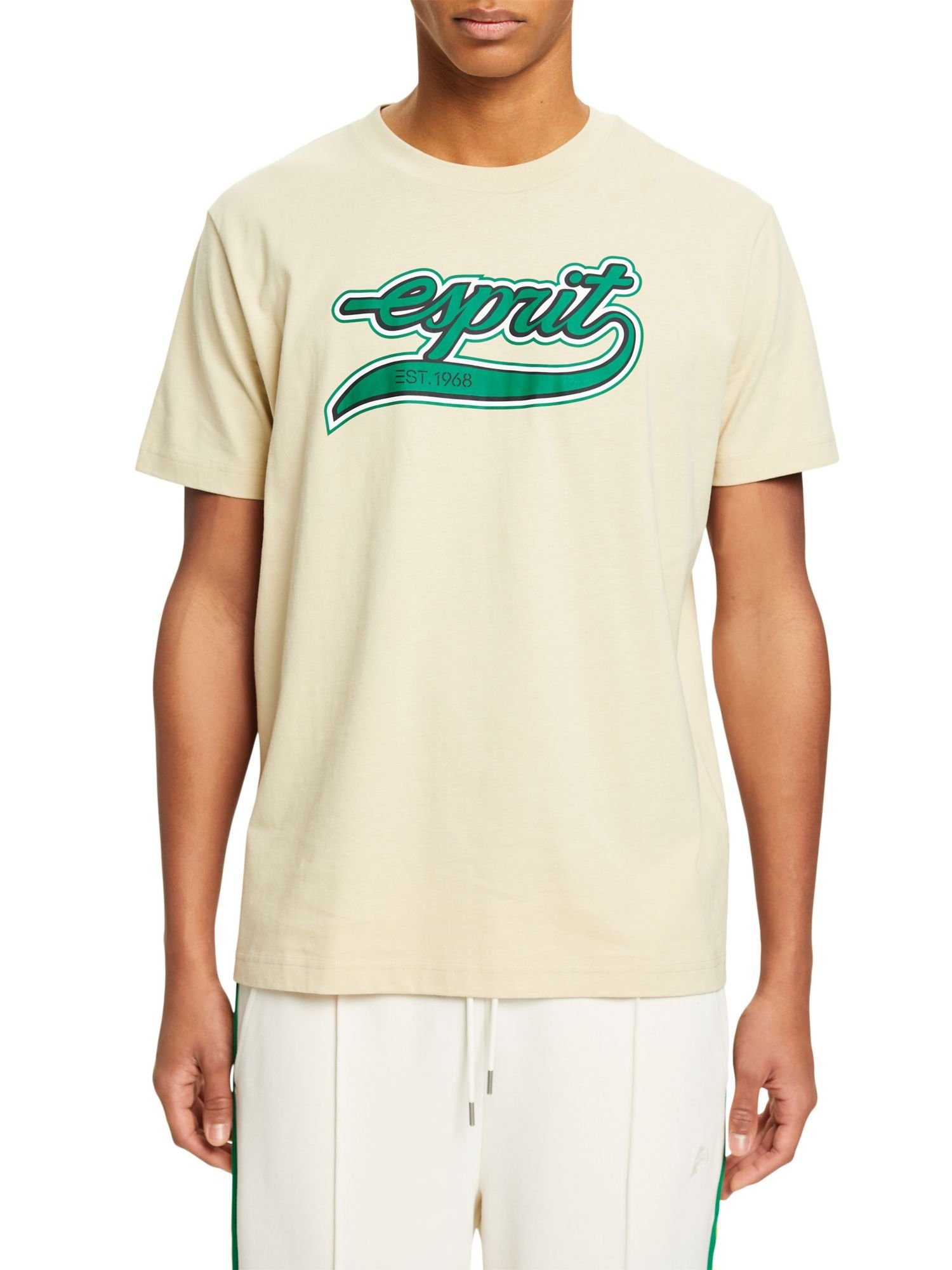 mit Retro-T-Shirt (1-tlg) Logo Langarmshirt BEIGE Baumwolle aus Esprit