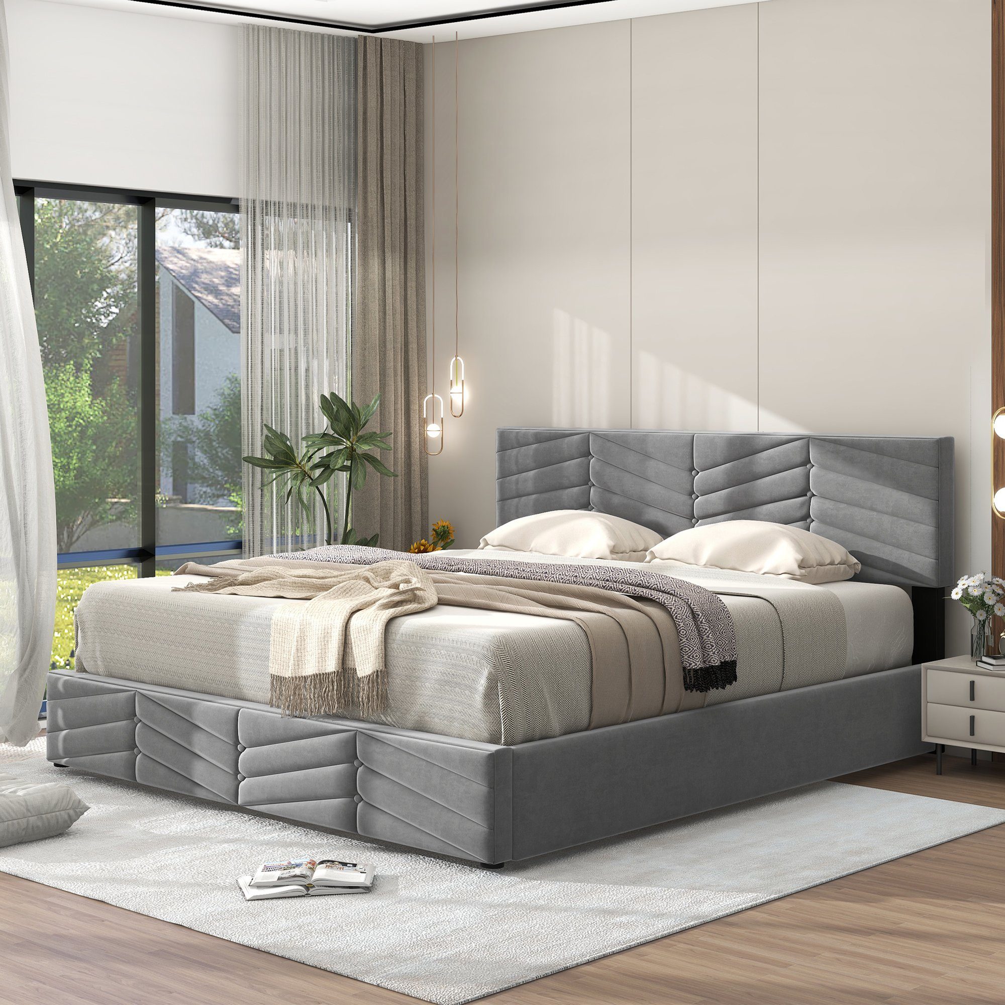 SOFTWEARY Polsterbett Doppelbett Bettkasten Lattenrost höhenverstellbar, mit Kopfteil (140x200 cm), und Samt grau
